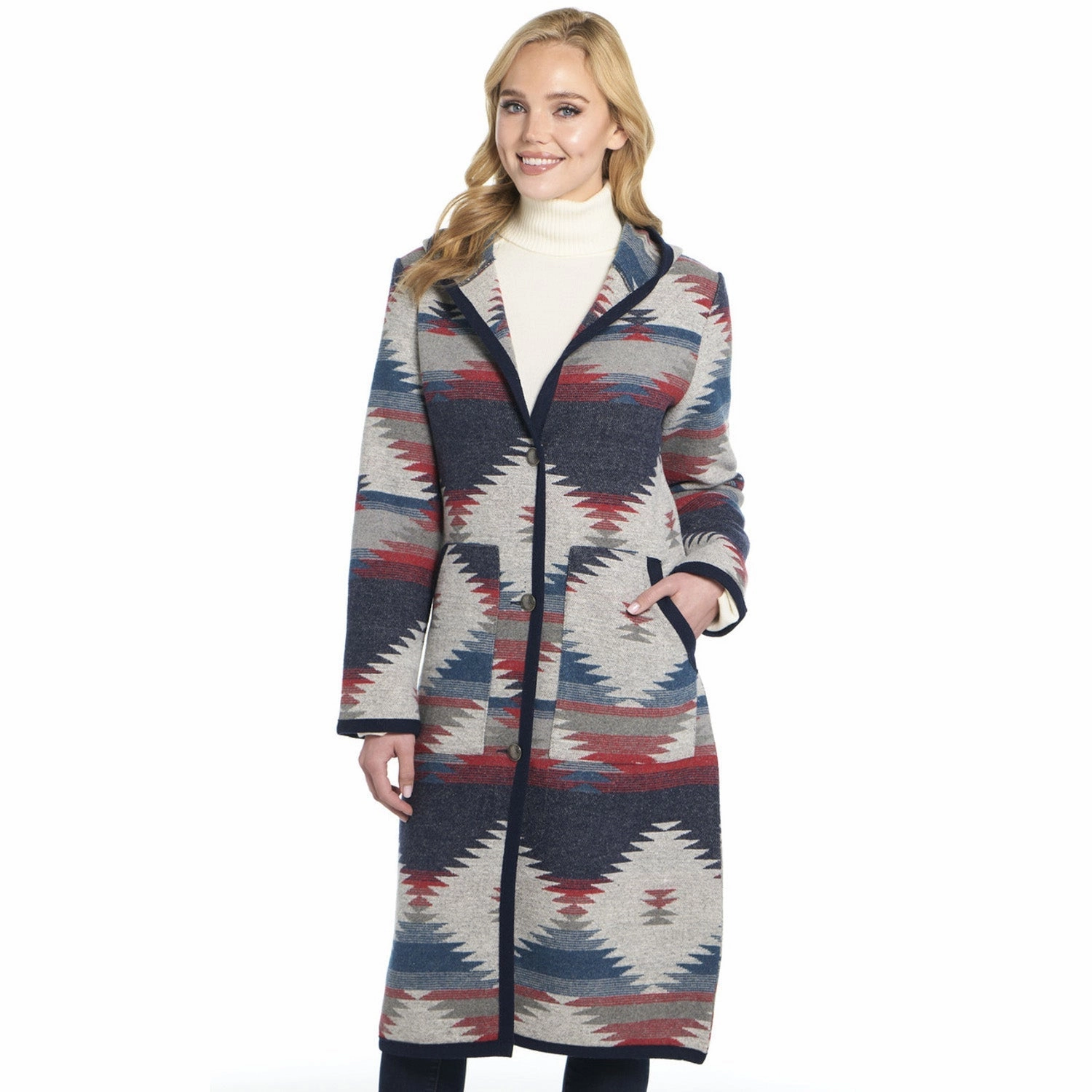 Light Reflective Logos Cripple Creek Womens Button Front Navajo Blanket Scenic Blue Polyester Duster Coat