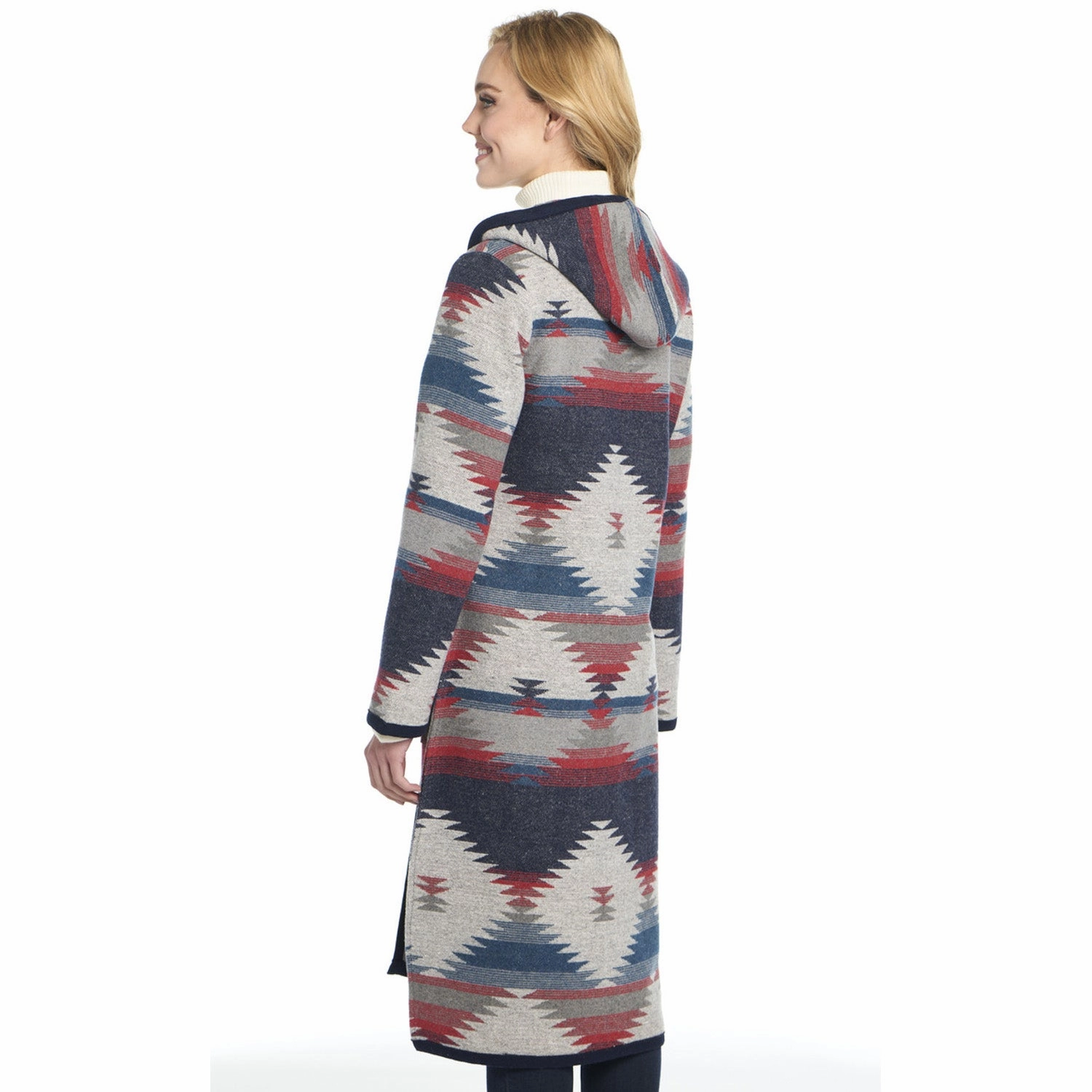 Cripple Creek Womens Button Front Navajo Blanket Scenic Blue Polyester Duster Coat OdorResistantTreatment Stretch Weave Fabric