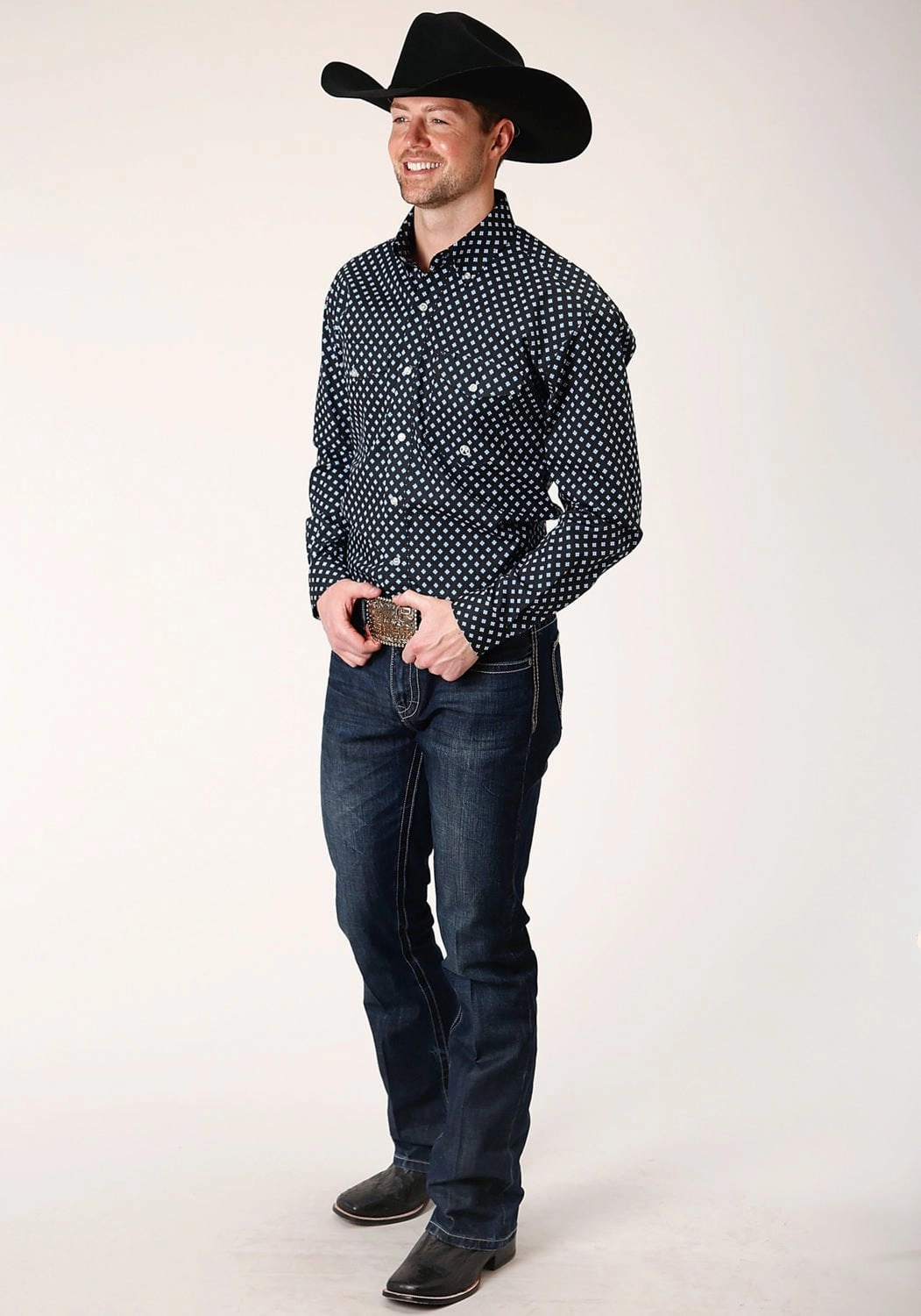 Roper Mens Black 100% Cotton New Star Foulard BD L/S Btn Shirt All-Ages Fit Long Sleeve