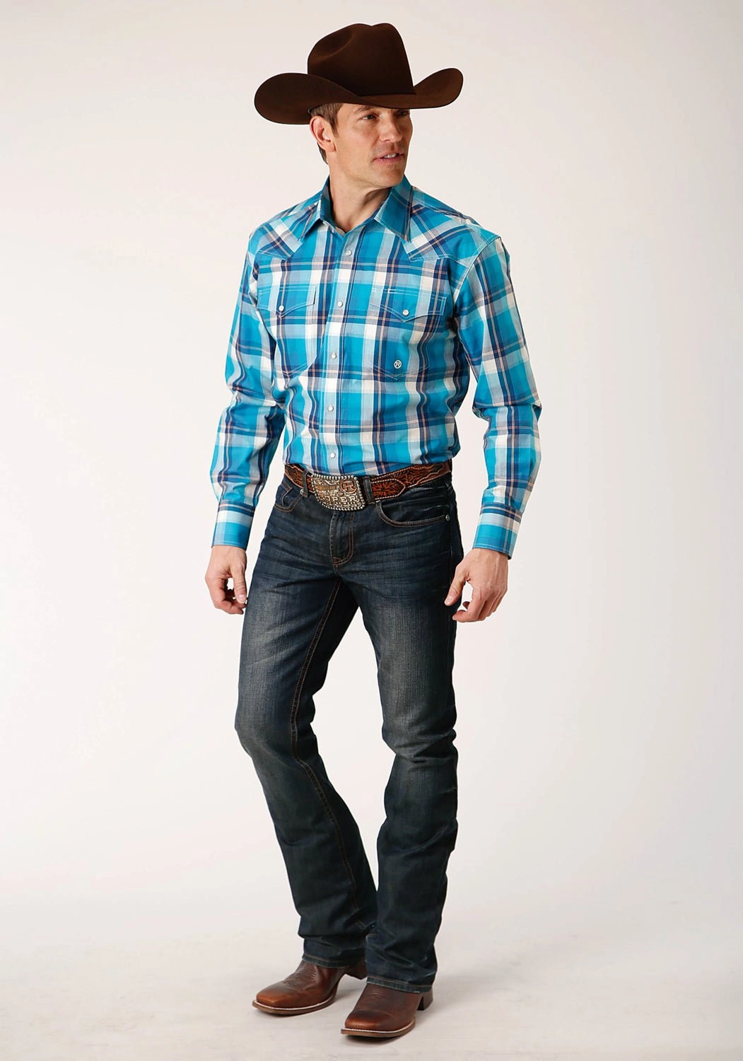 Mountain Escape Roper Mens Moon Plaid Blue Cotton Blend L/S Shirt