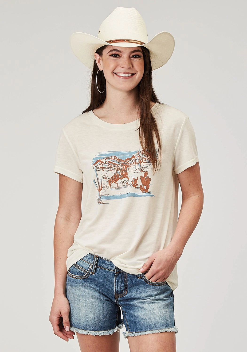 Matte Look Classy Detail Roper Womens Cowboy Scene Cream Poly/Cotton S/S T-Shirt