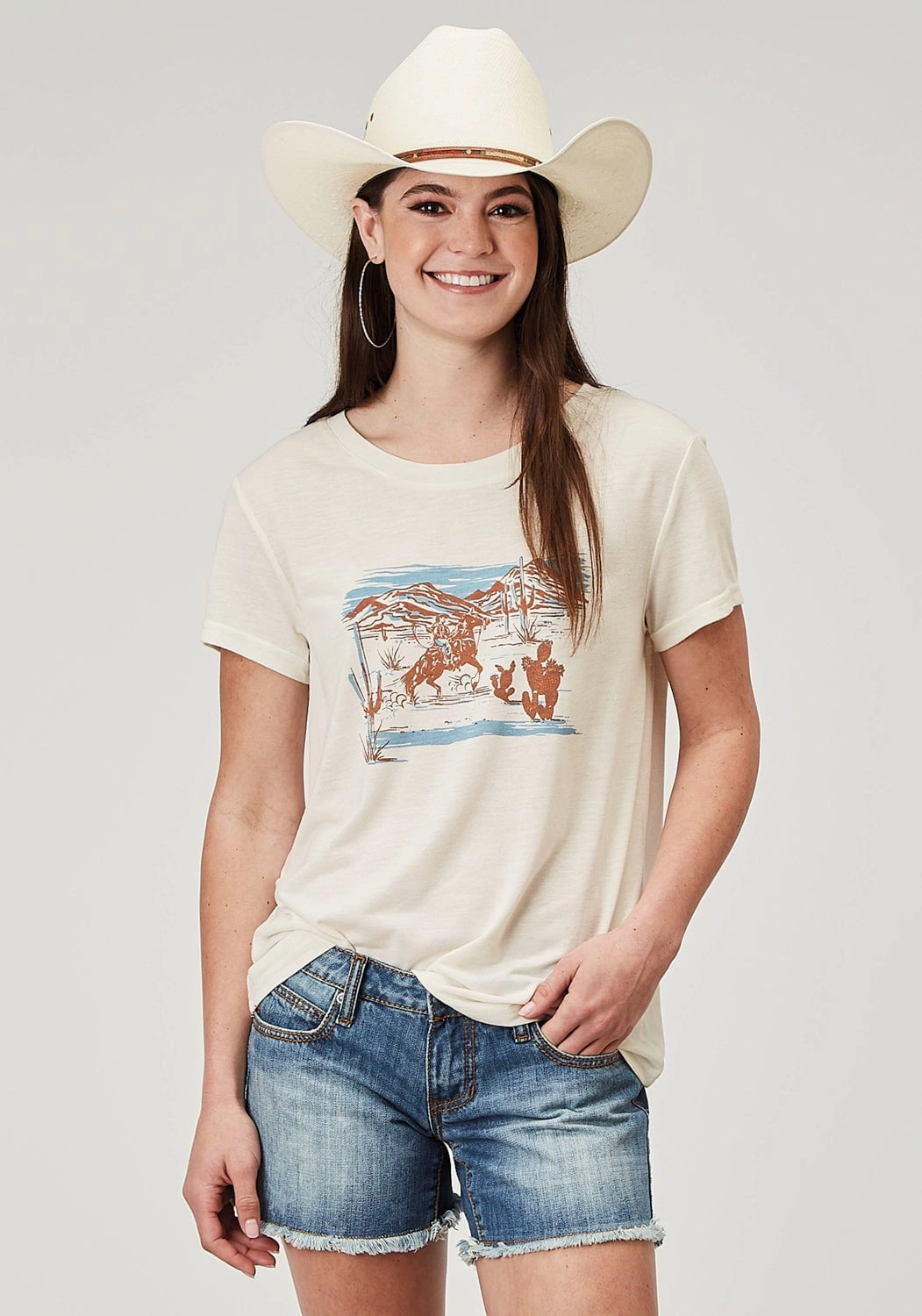 Roper Womens Cowboy Scene Cream Poly/Cotton S/S T-Shirt Holiday Style