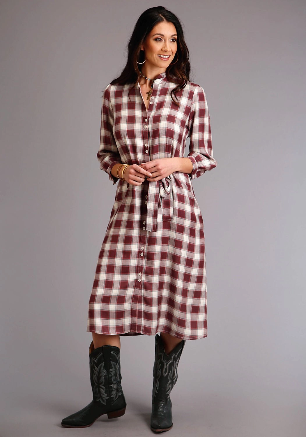 Stetson Womens Wine Rayon/Nylon Gaucho Plaid 3/4 Sleeve Dress Sharp Style Guest Shine