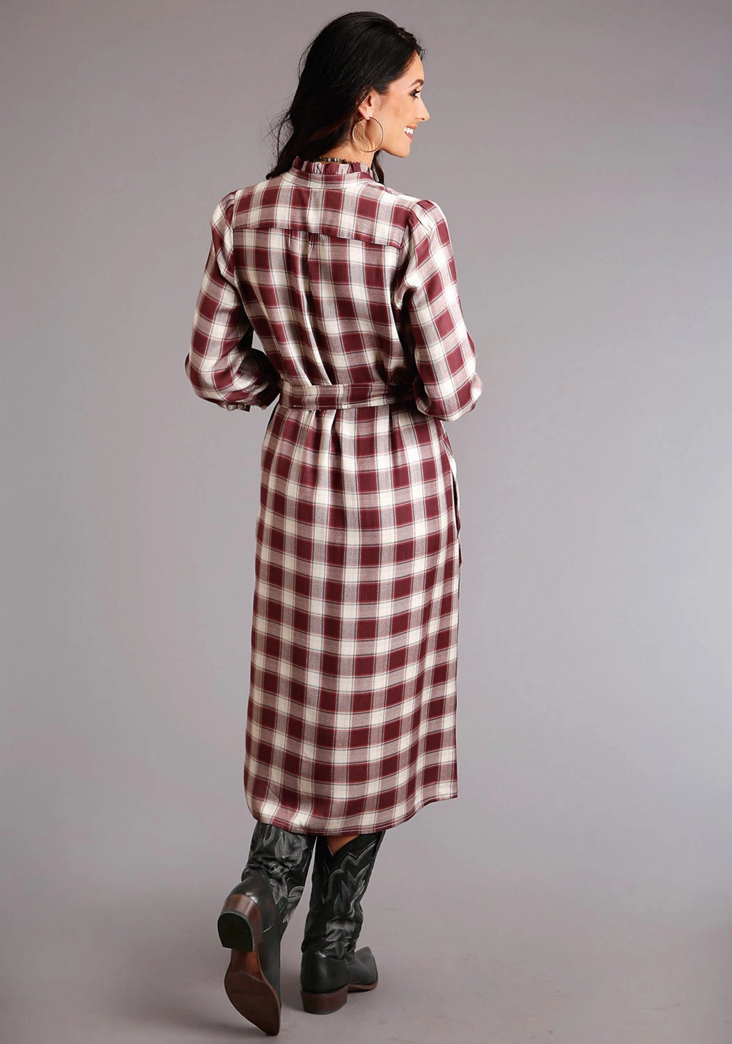 OdorResistant Treatment Home Casual Stetson Womens Wine Rayon/Nylon Gaucho Plaid 3/4 Sleeve Dress