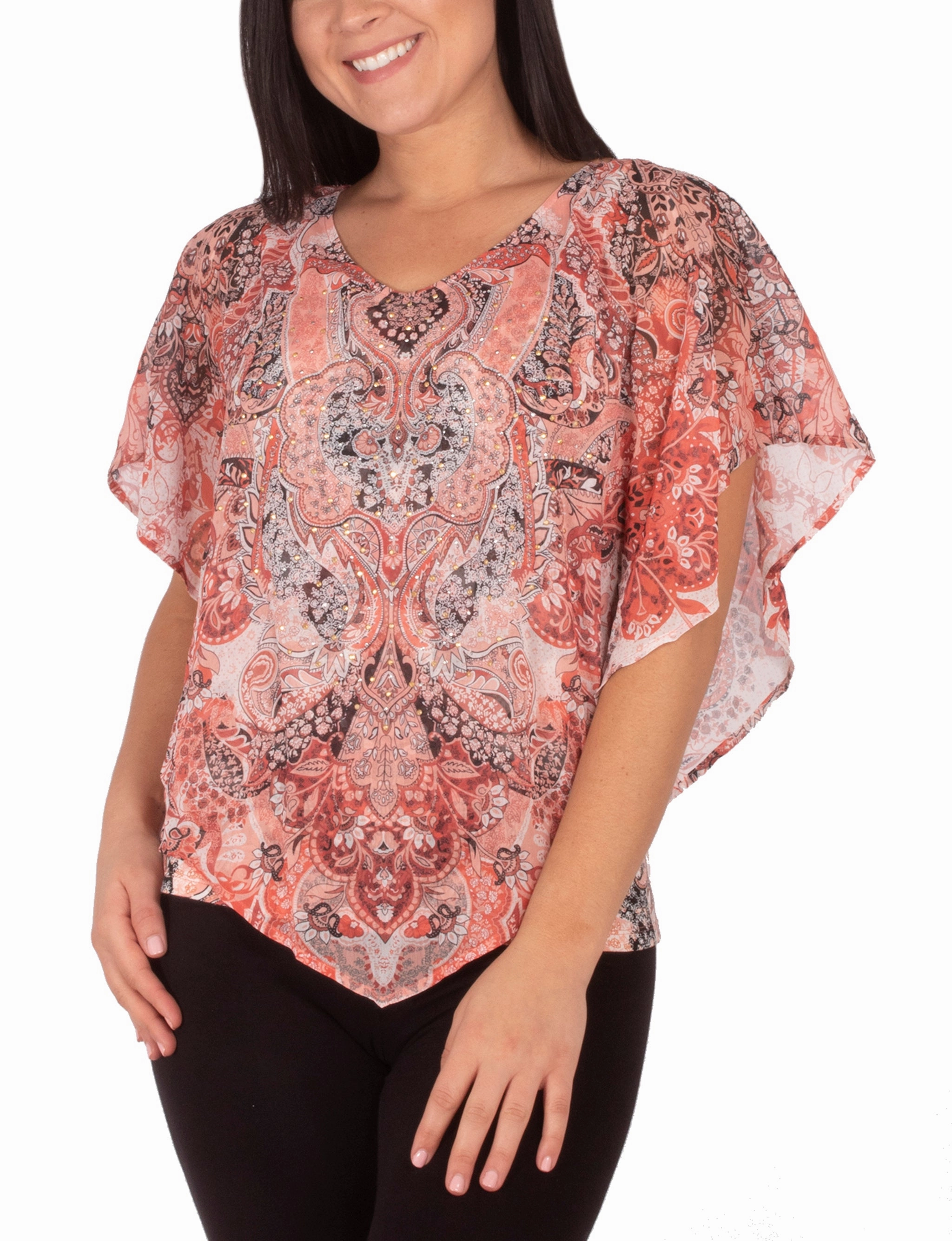 Wear Resistant Edge Modern Look Petite V-Neck Printed Poncho With Nailheads