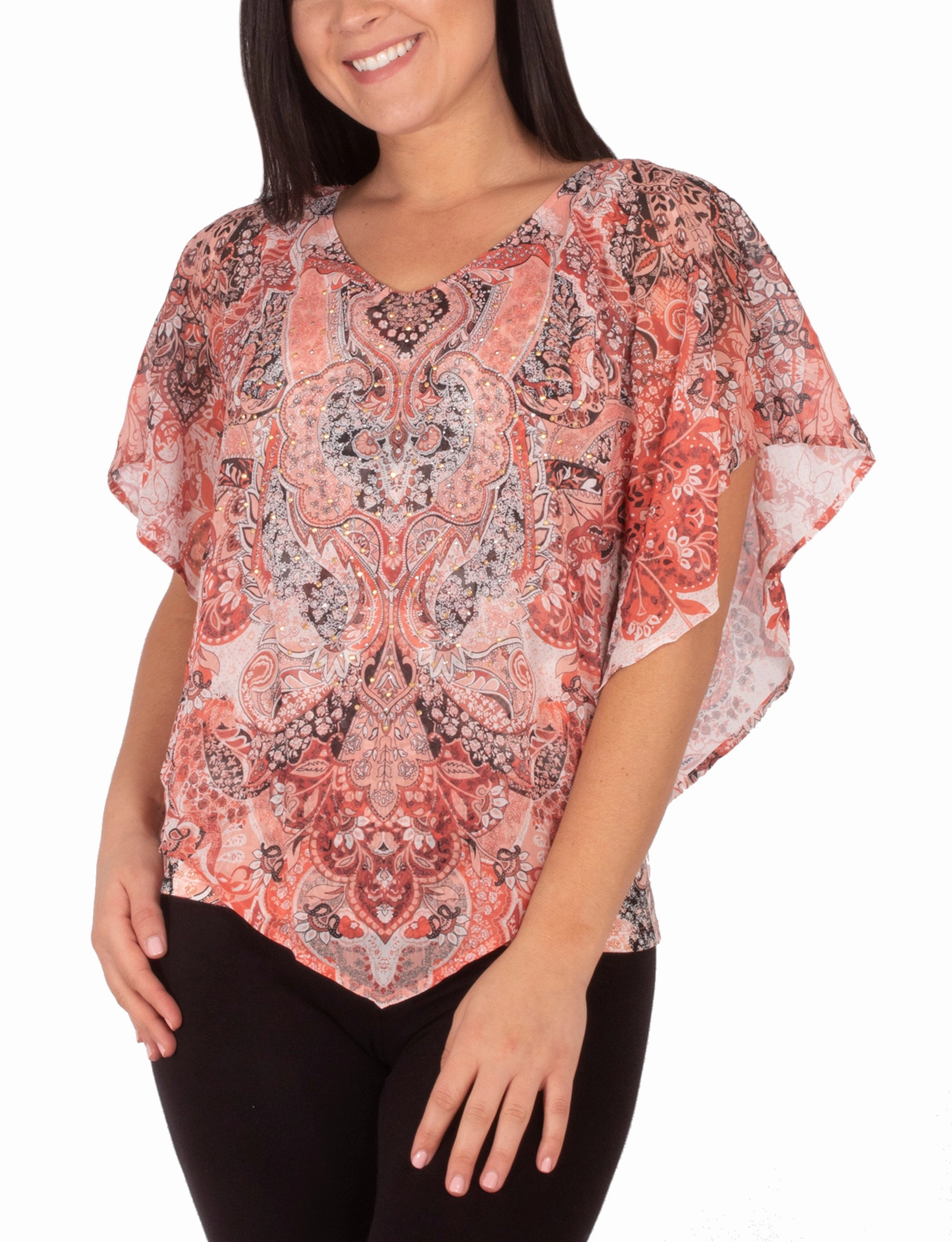 Petite V-Neck Printed Poncho With Nailheads Odor Resistant Finish VentedBack