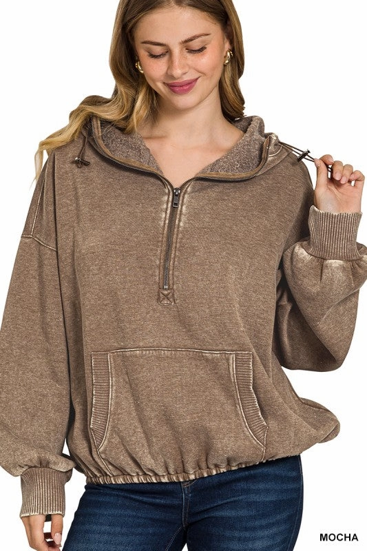Wendy Washed Drawstring Hem Half Zip Kangaroo Hoodie Odor Resistant Material