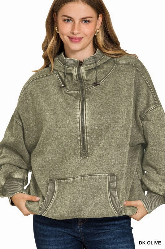 Wendy Washed Drawstring Hem Half Zip Kangaroo Hoodie Elegant Look Curved Hemline