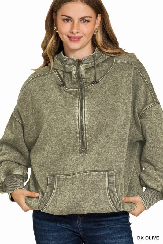 Tagless Design Wendy Washed Drawstring Hem Half Zip Kangaroo Hoodie