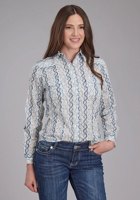 Roper Womens 2429 Paisley Trellis Blue Cotton Blend L/S Shirt All-Purpose Wear