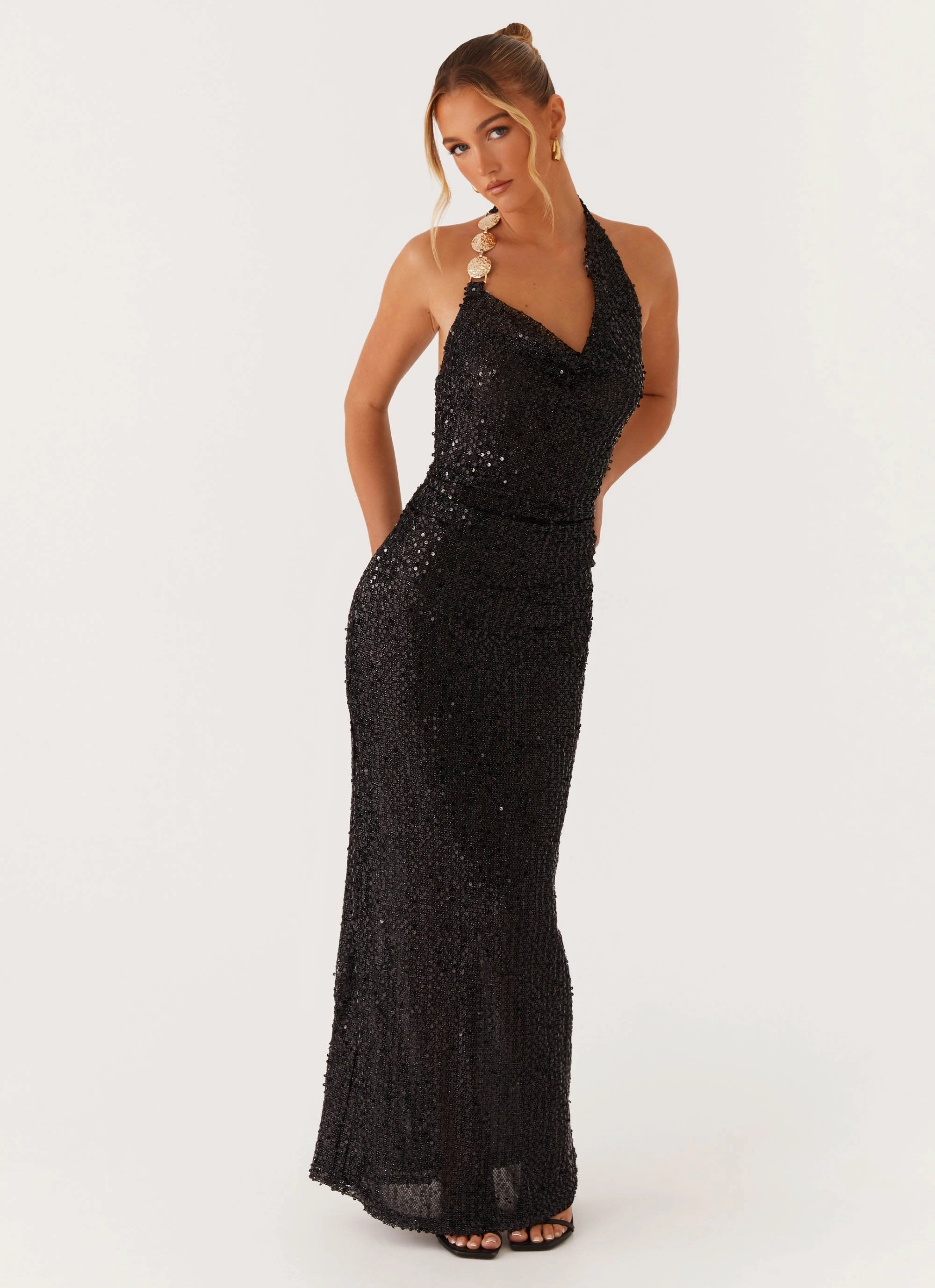 Cozy Jacket After Tonight Sequin Cowl Neck Maxi Dress - Black