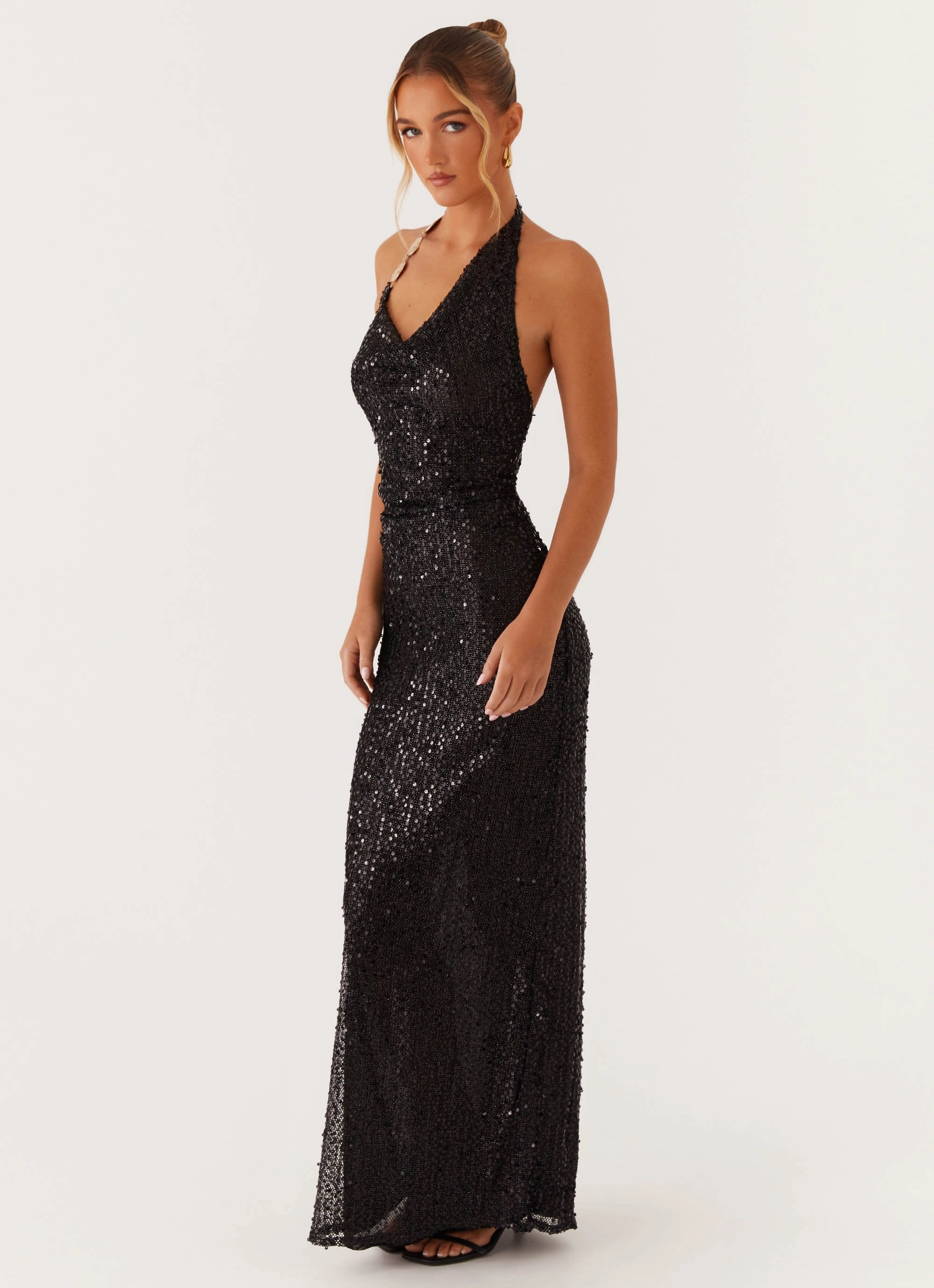 Flattering Fit After Tonight Sequin Cowl Neck Maxi Dress - Black