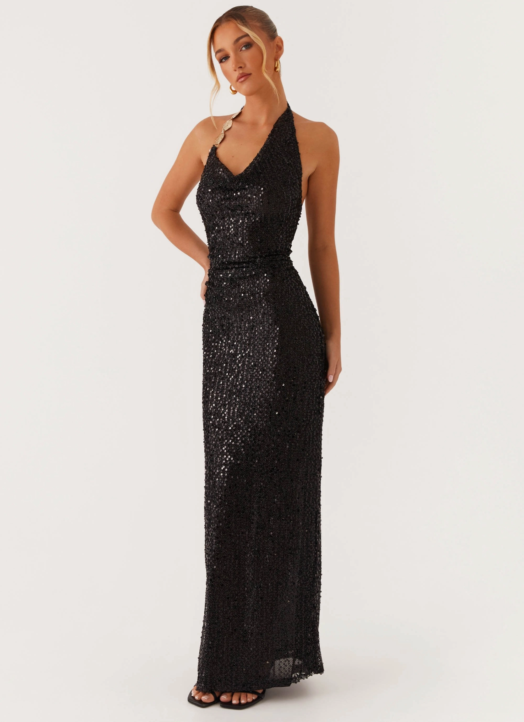 After Tonight Sequin Cowl Neck Maxi Dress - Black Bold Mood