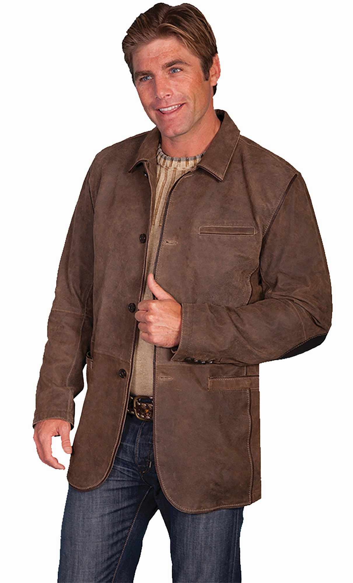 Scully Mens Brown Leather Elbow Patch Jacket Mild Day Outfit Convertible Cuff System