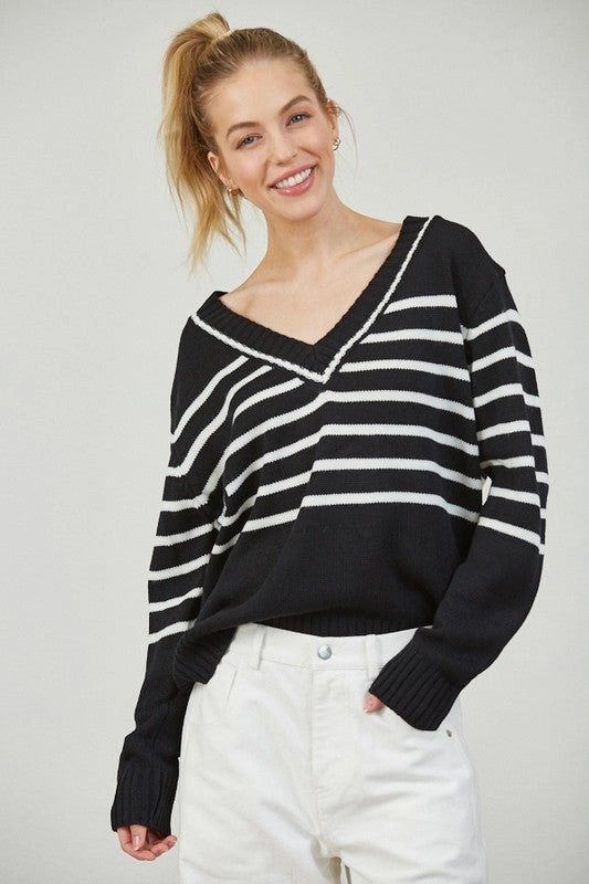 ISLA STRIPE V NECK SWEATER Unstructured Fit Printed top