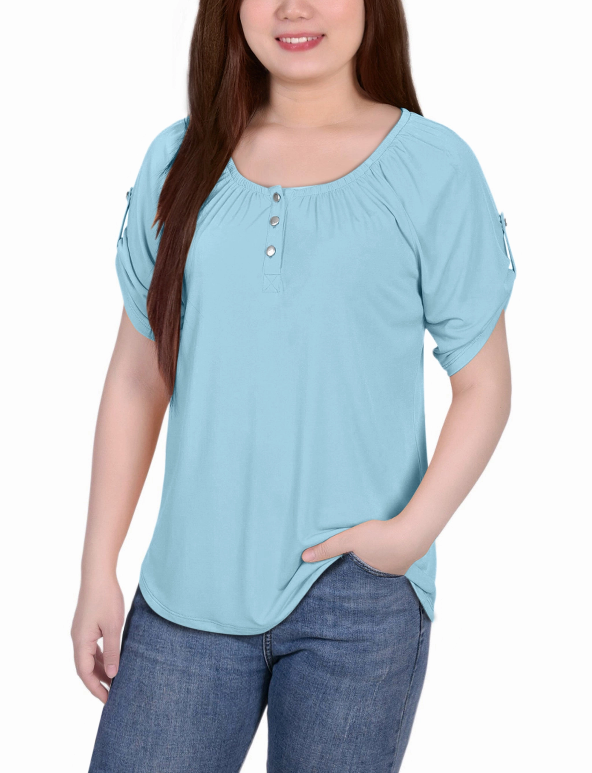 Petite Short Sleeve Round Neck Henley Top EasyClean Wrinkle Resistant Finish