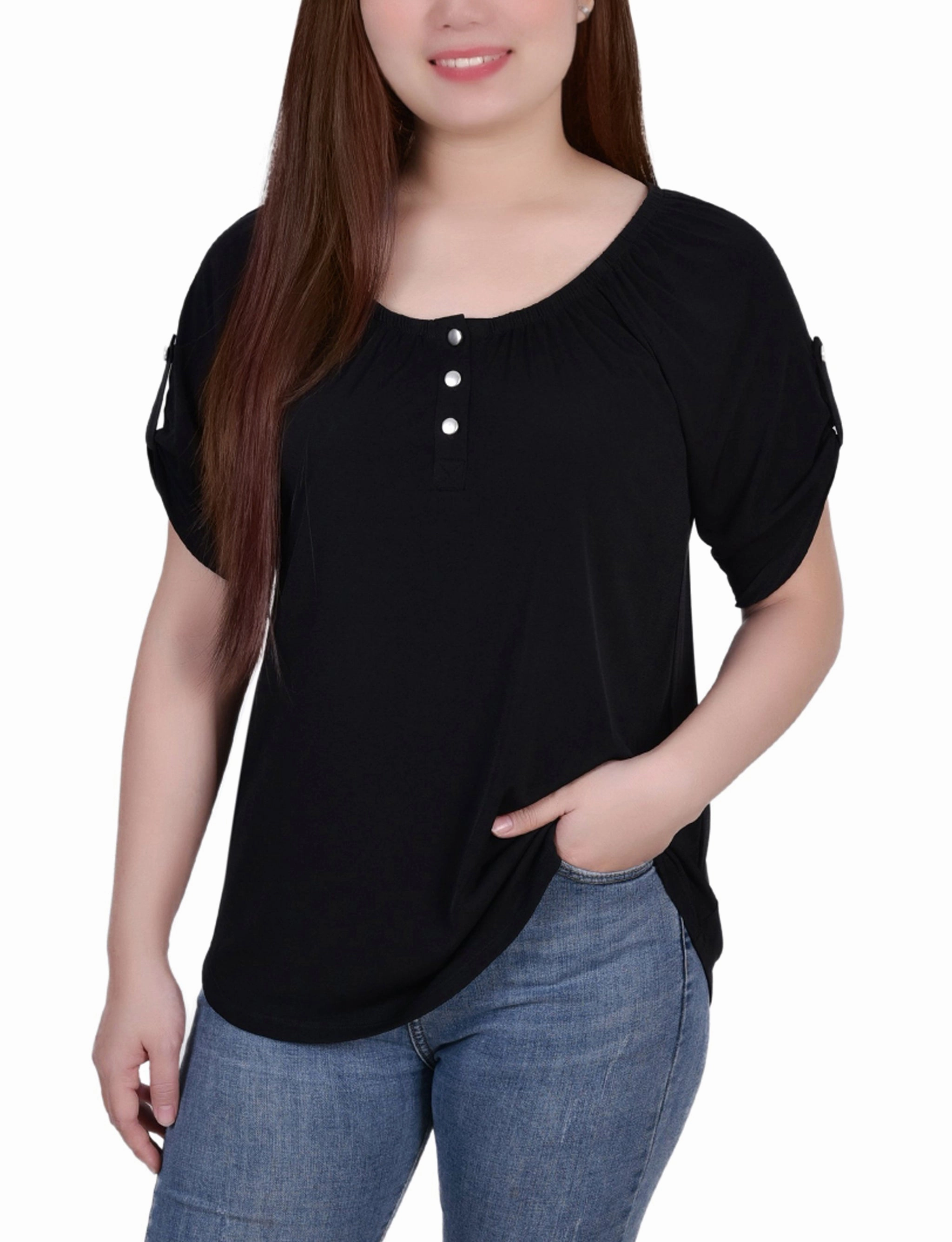 Petite Short Sleeve Round Neck Henley Top Wrinkle Resistant Finish
