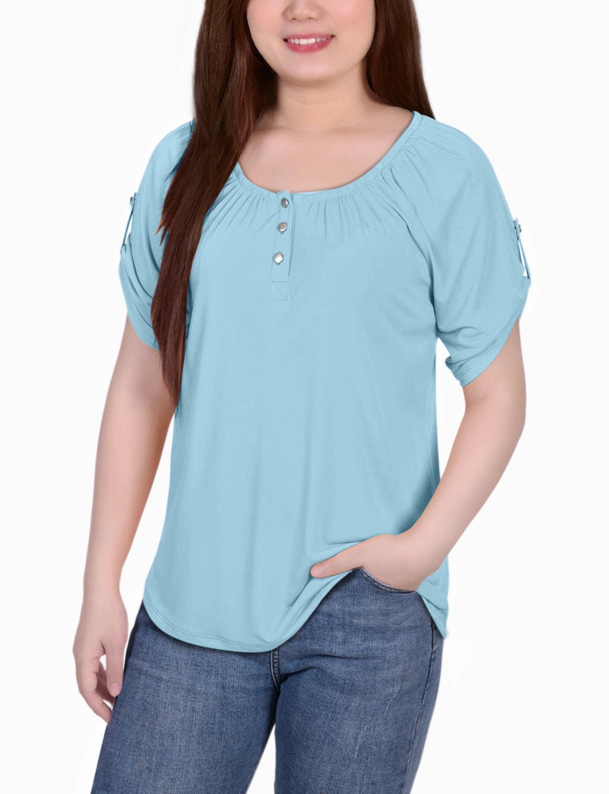 Reflective Trim Petite Short Sleeve Round Neck Henley Top