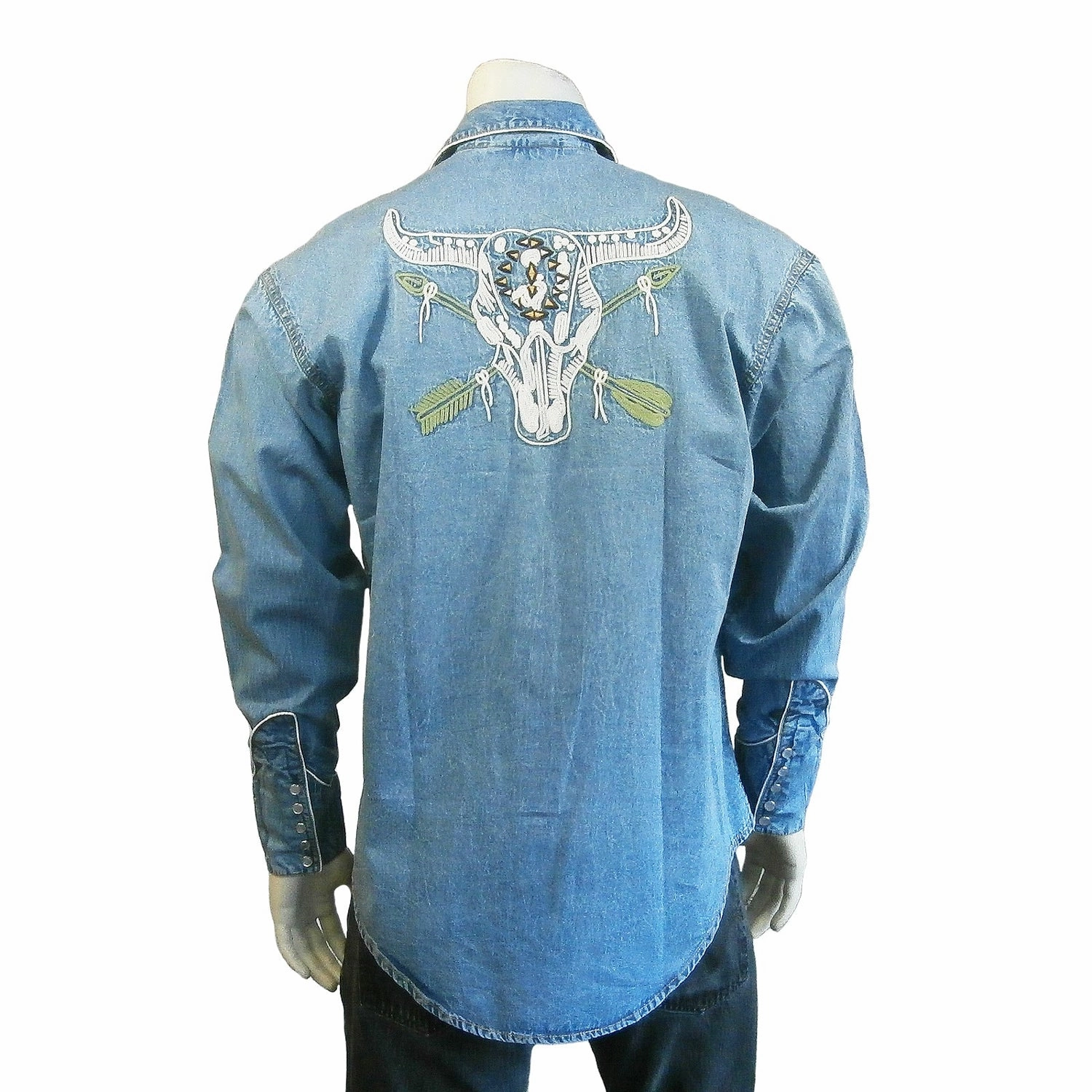 Rockmount Mens Denim 100% Cotton Vintage Denim Steer Skull L/S Shirt Stylish Detail Tropical theme