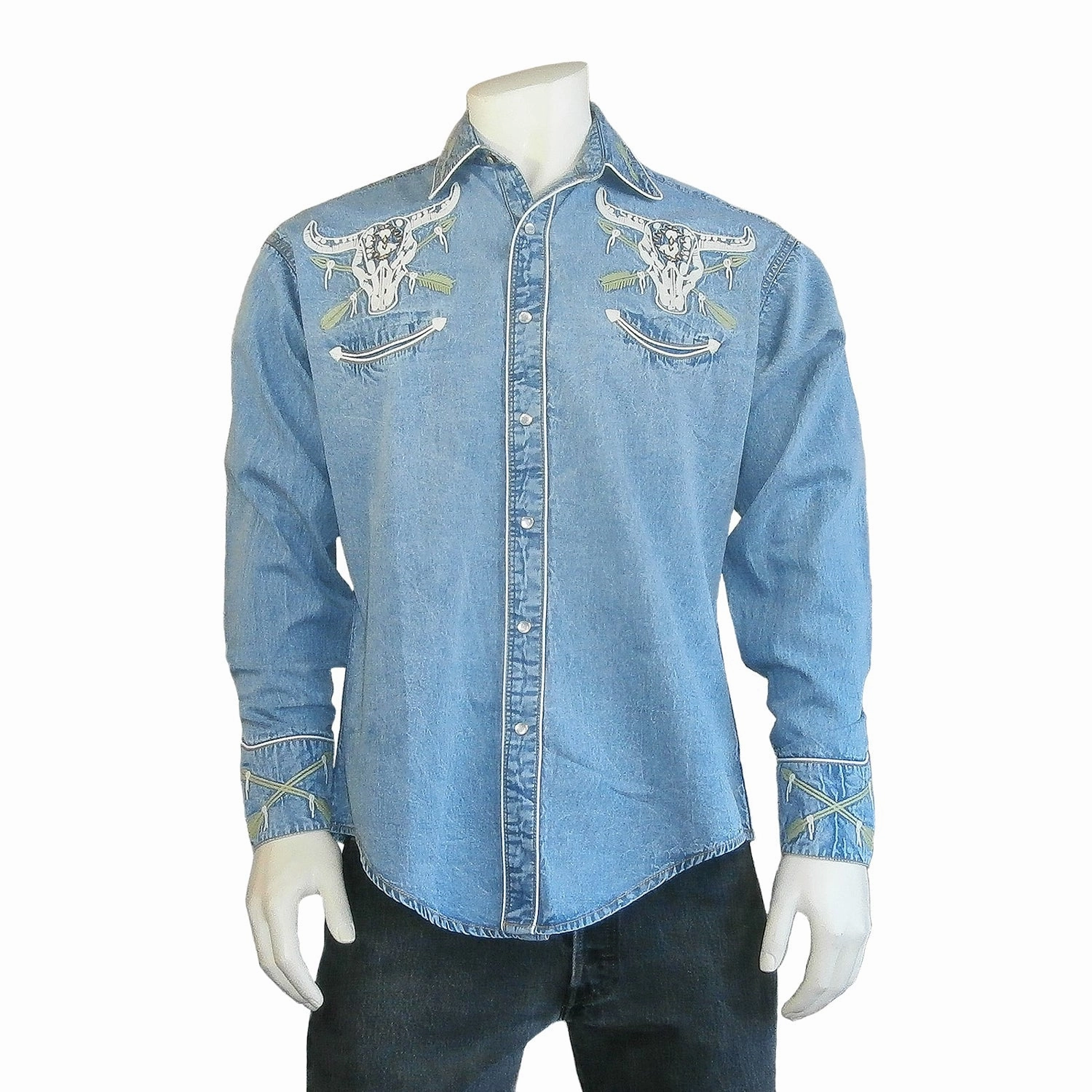 Rockmount Mens Denim 100% Cotton Vintage Denim Steer Skull L/S Shirt Cocktail Event Layered Design