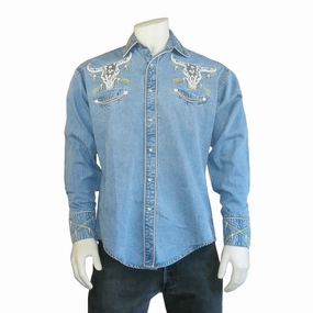 Rockmount Mens Denim 100% Cotton Vintage Denim Steer Skull L/S Shirt Cocktail Event Layered Design