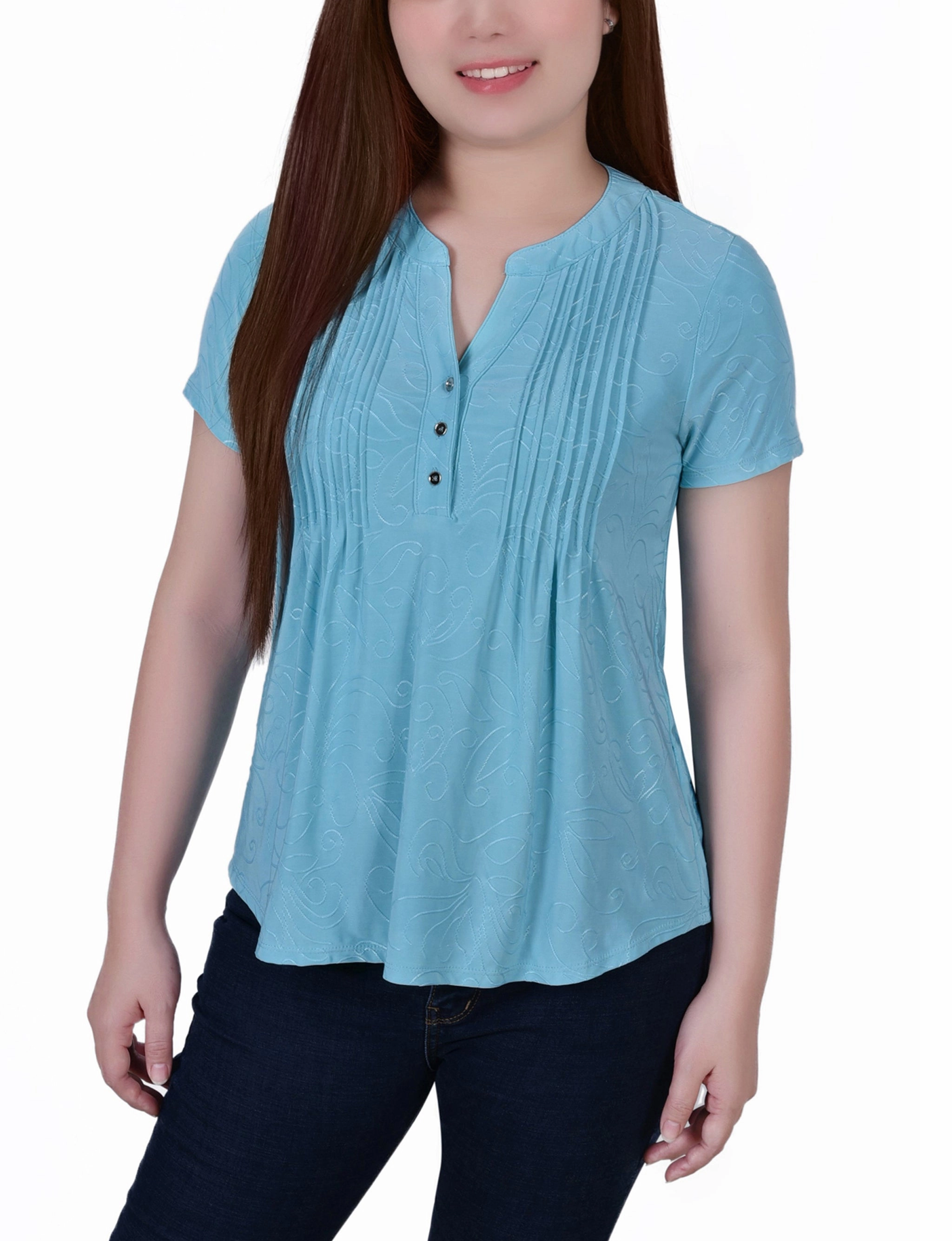 LowProfile Zipper Tagless Comfort Collar Petite Short Sleeve Y Neck Jacquard Knit Top