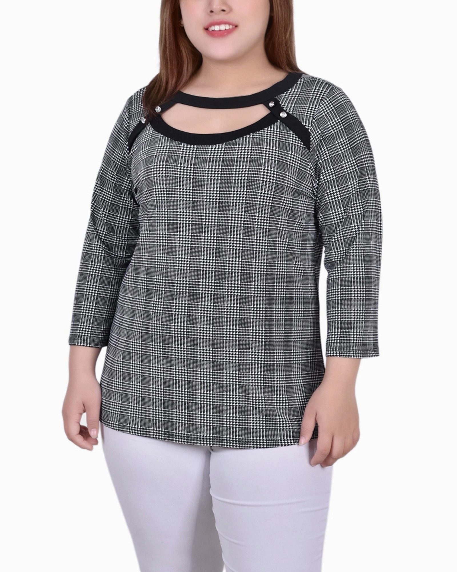 Plus Size 3/4 Sleeve Top With Combo Bands And Front Cutout Relaxed Tee Multi Panel Construction