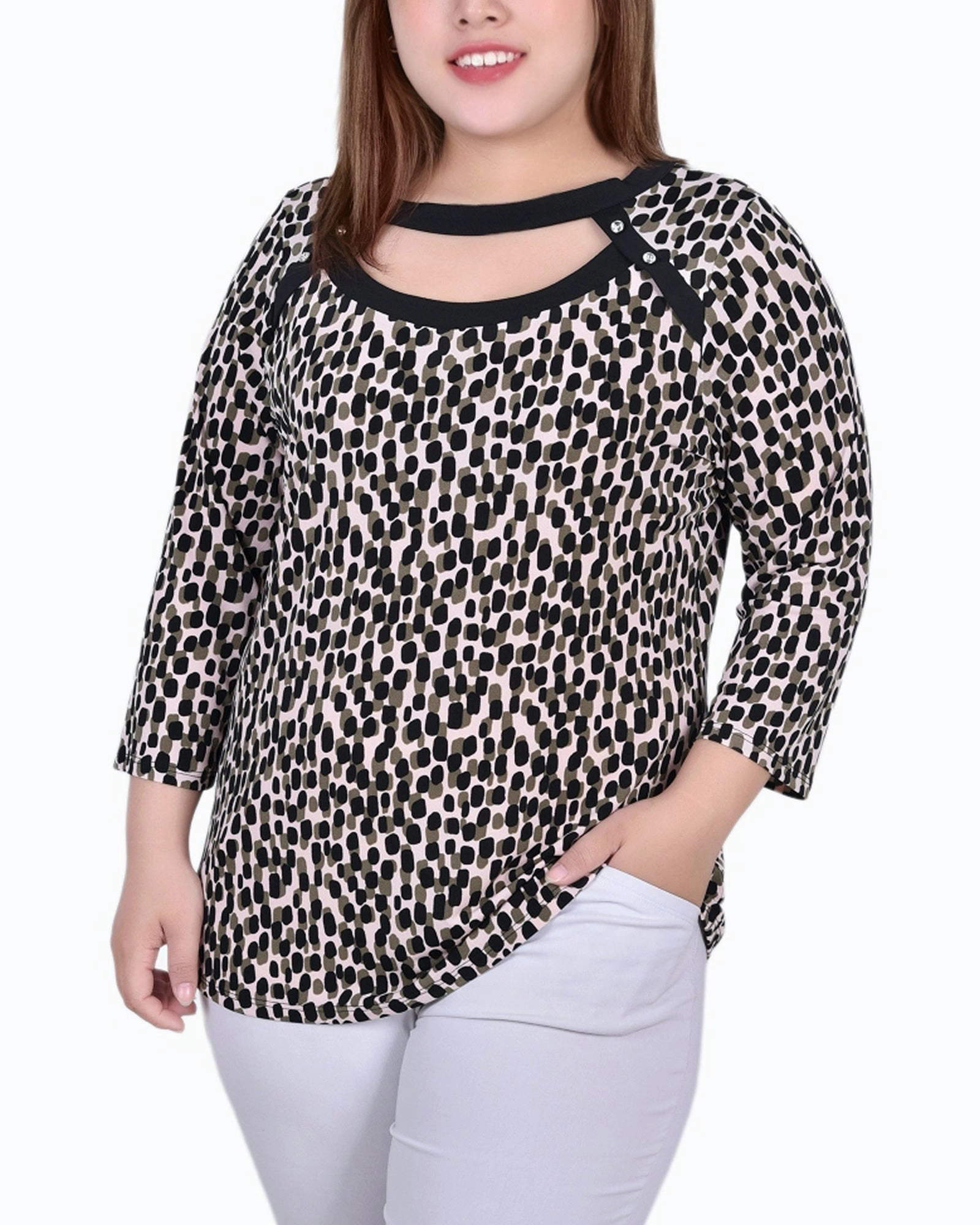 Vibrant Spirit Plus Size 3/4 Sleeve Top With Combo Bands And Front Cutout