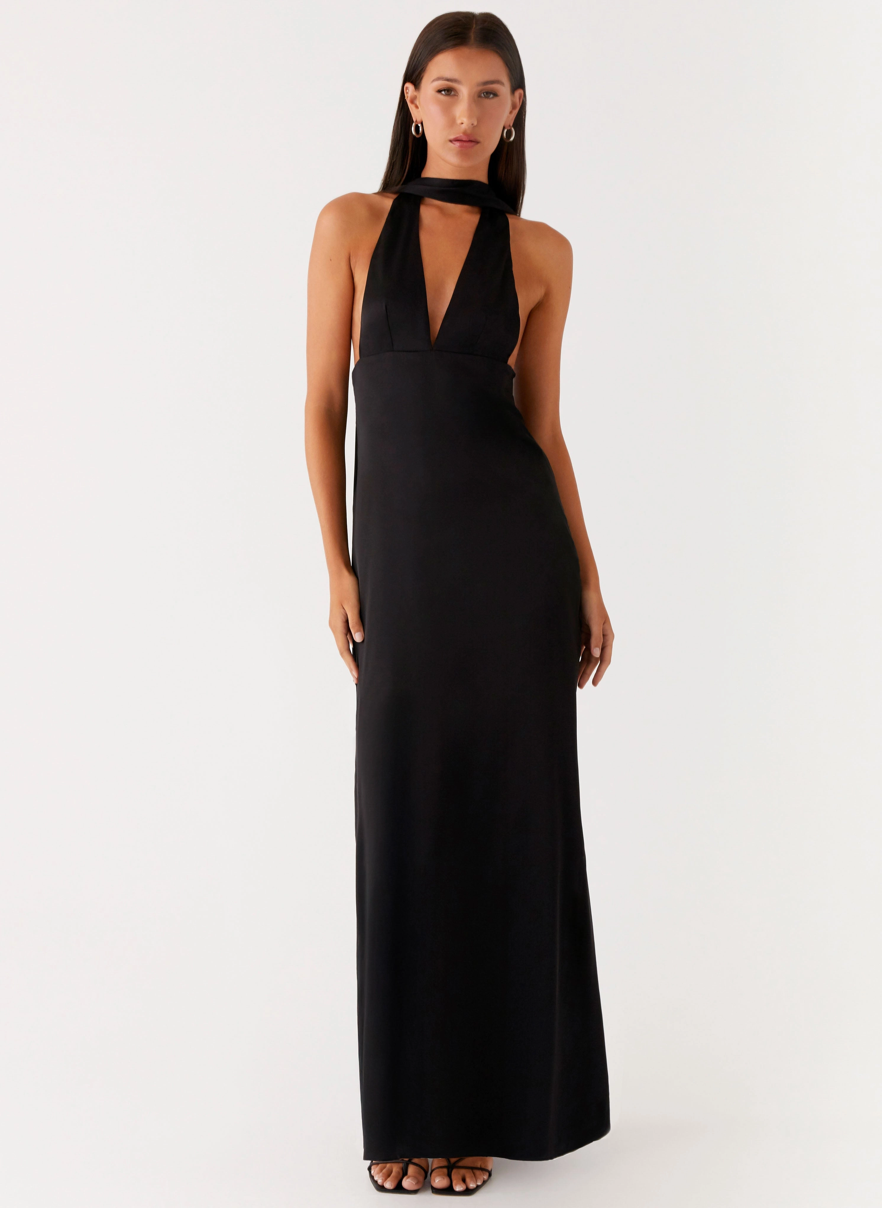 Alicia Satin Halter Maxi Dress - Black Hooded Coat