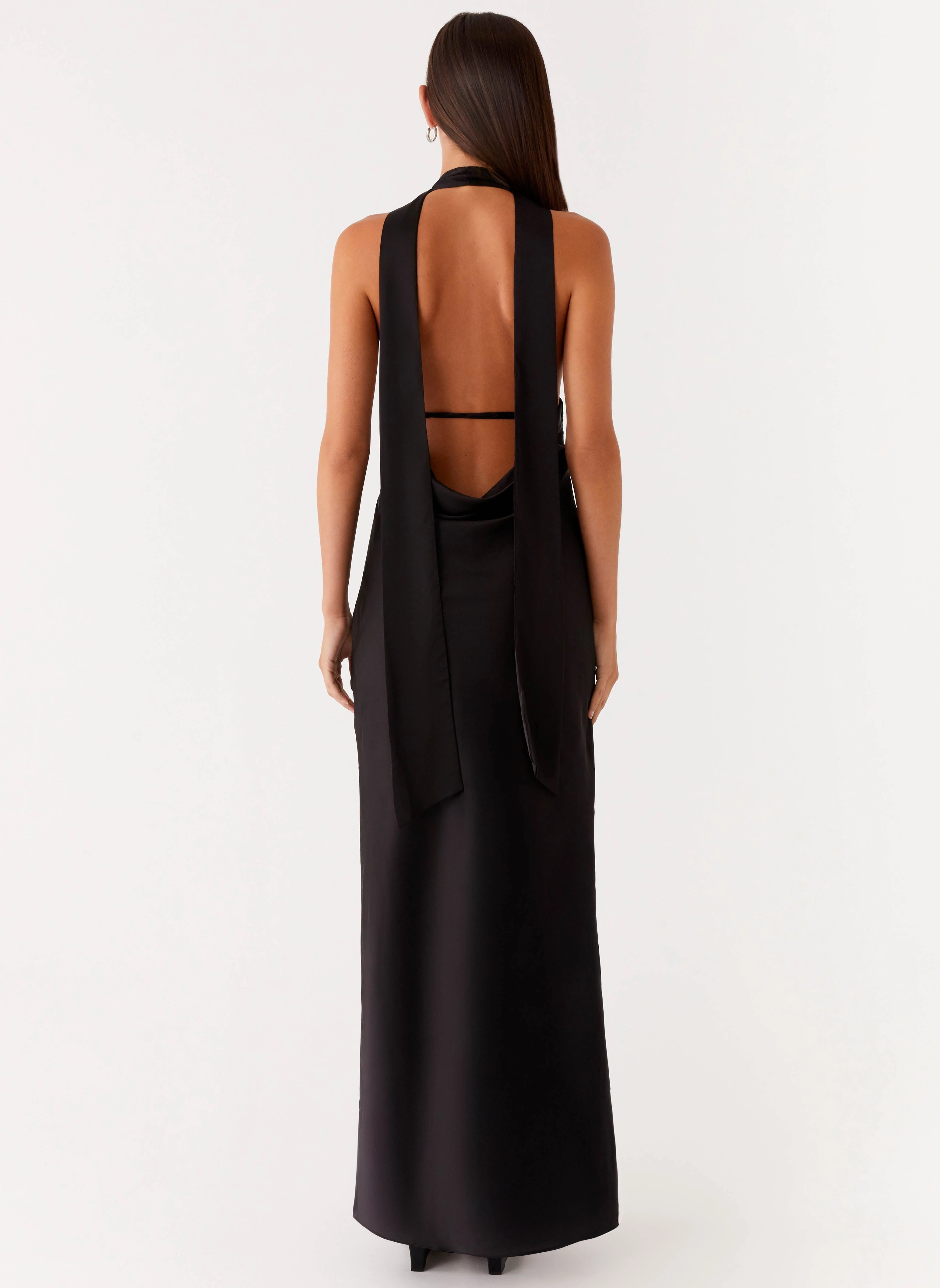 Alicia Satin Halter Maxi Dress - Black Hooded Coat