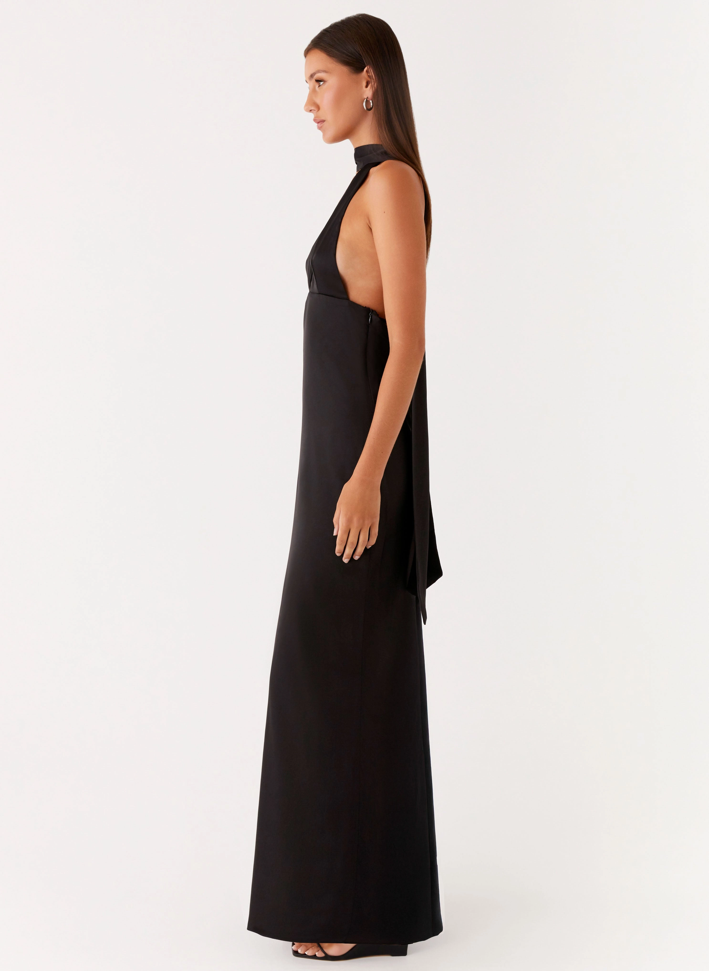 Alicia Satin Halter Maxi Dress - Black Fringe Detail Textured Finish