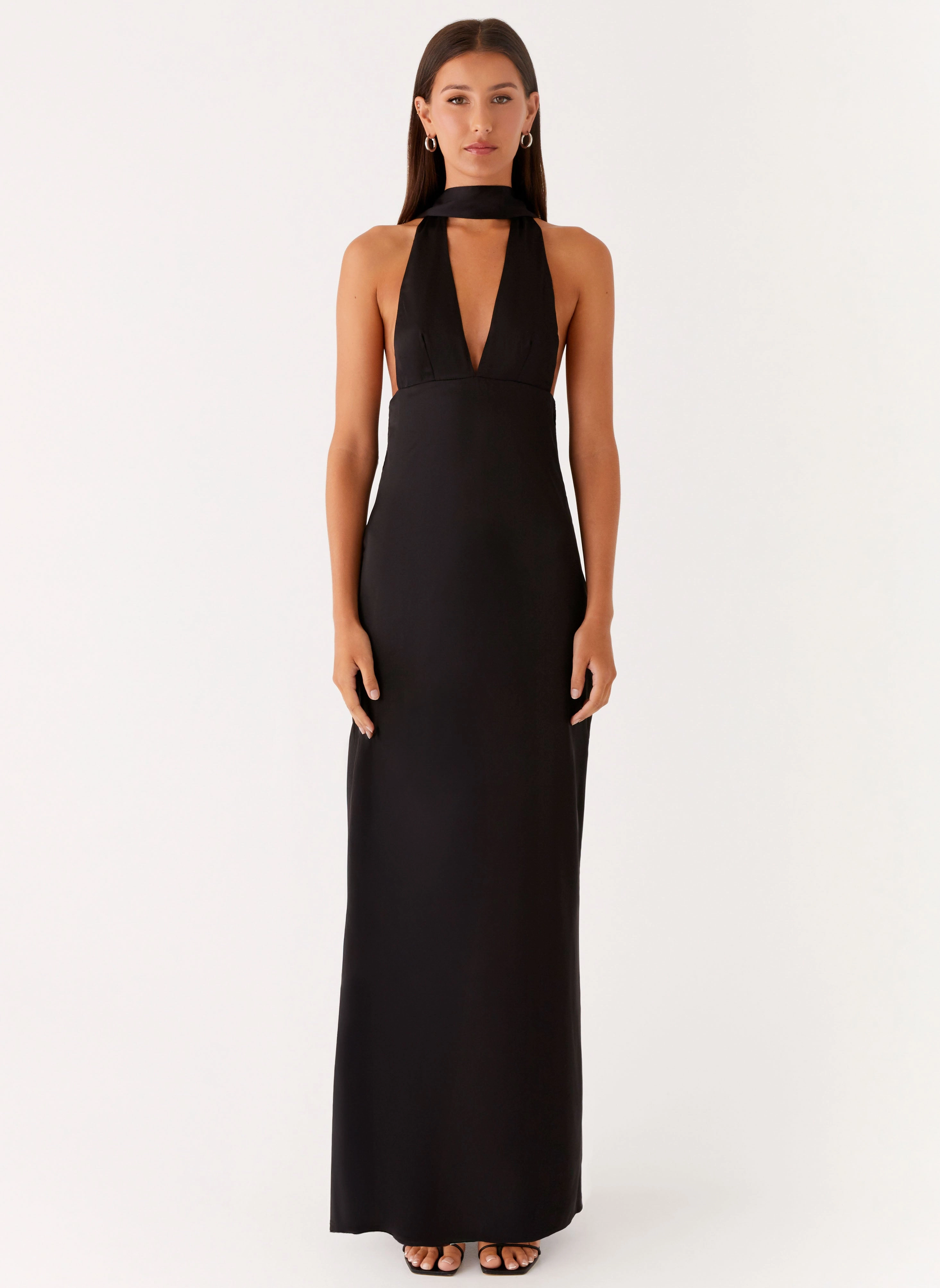 Alicia Satin Halter Maxi Dress - Black Causal Wool Coat Fashion Event