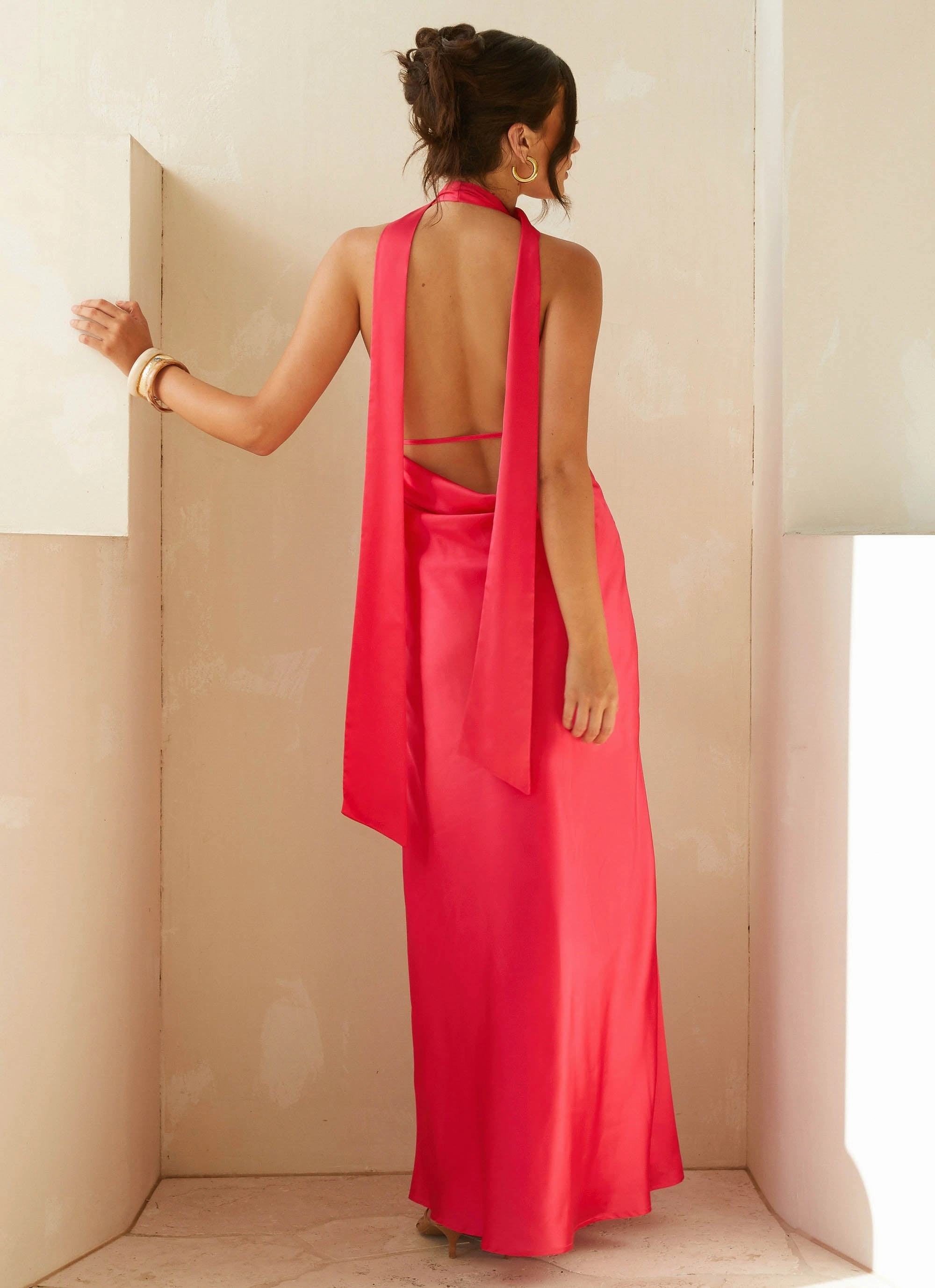 Alicia Satin Halter Maxi Dress - Fuchsia Cold Protection Jacket