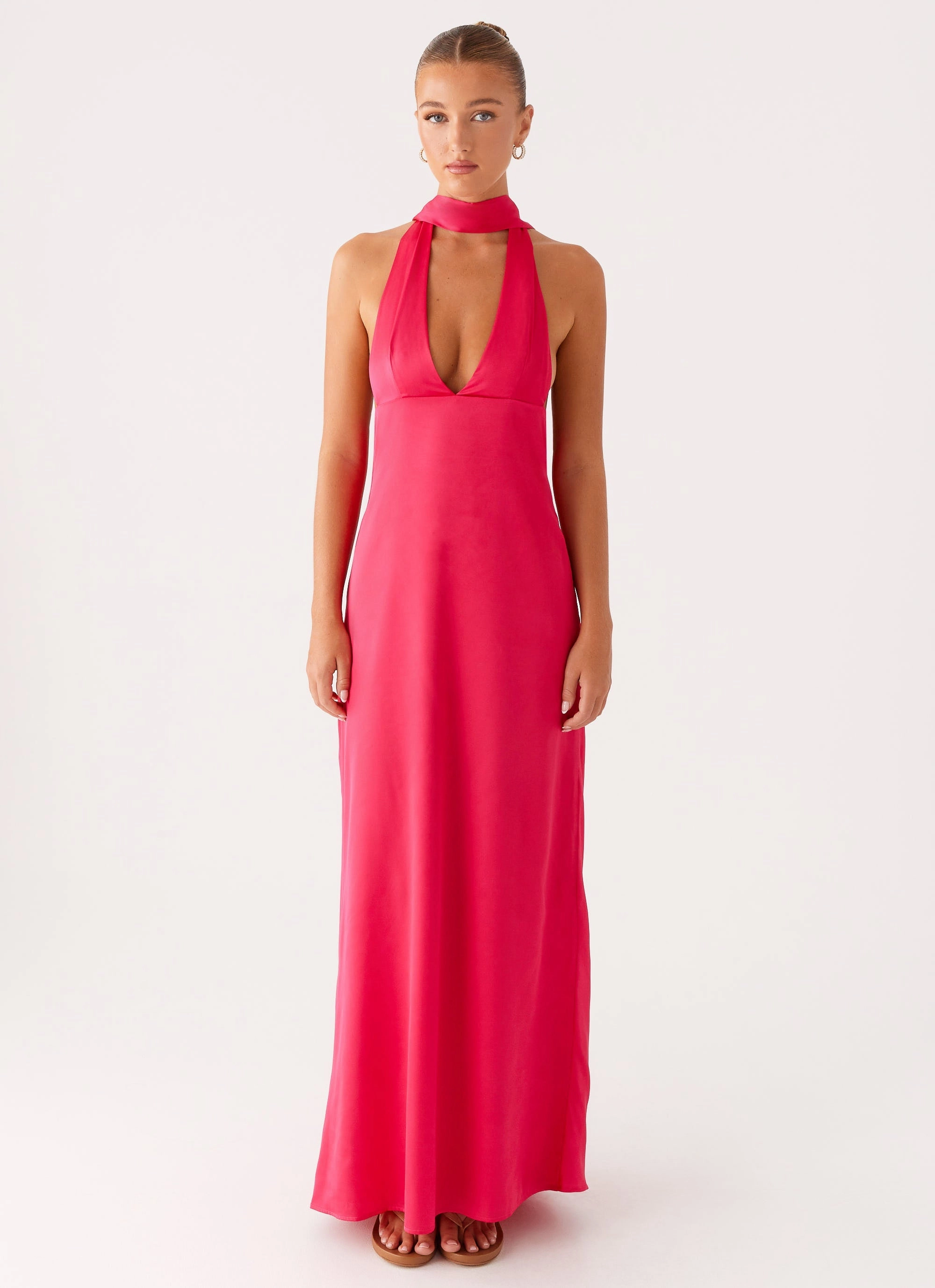 Rainy Day Jacket Alicia Satin Halter Maxi Dress - Fuchsia