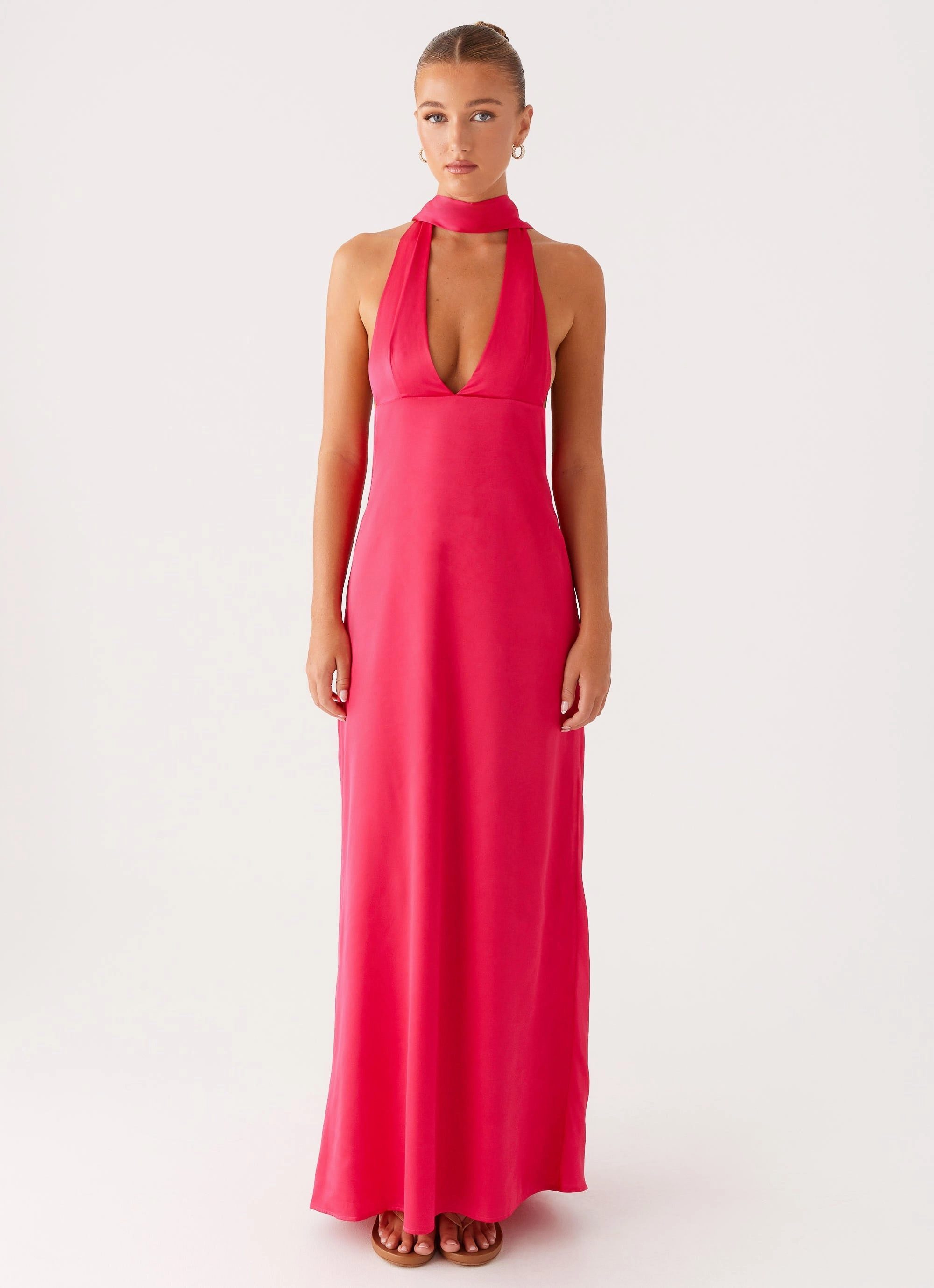 Alicia Satin Halter Maxi Dress - Fuchsia Smart Coat