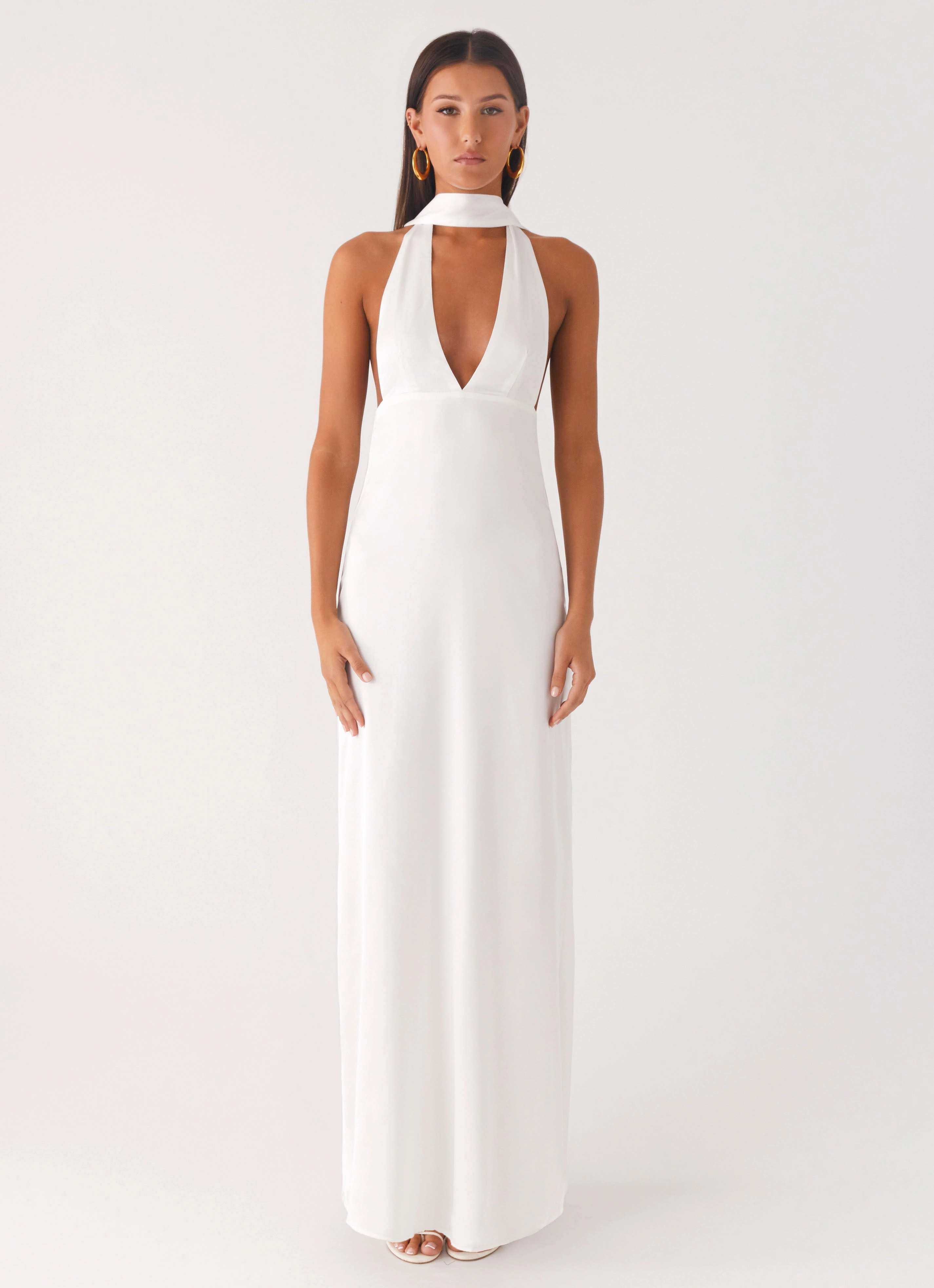Alicia Satin Halter Maxi Dress - White Stylish Layer Knee Length