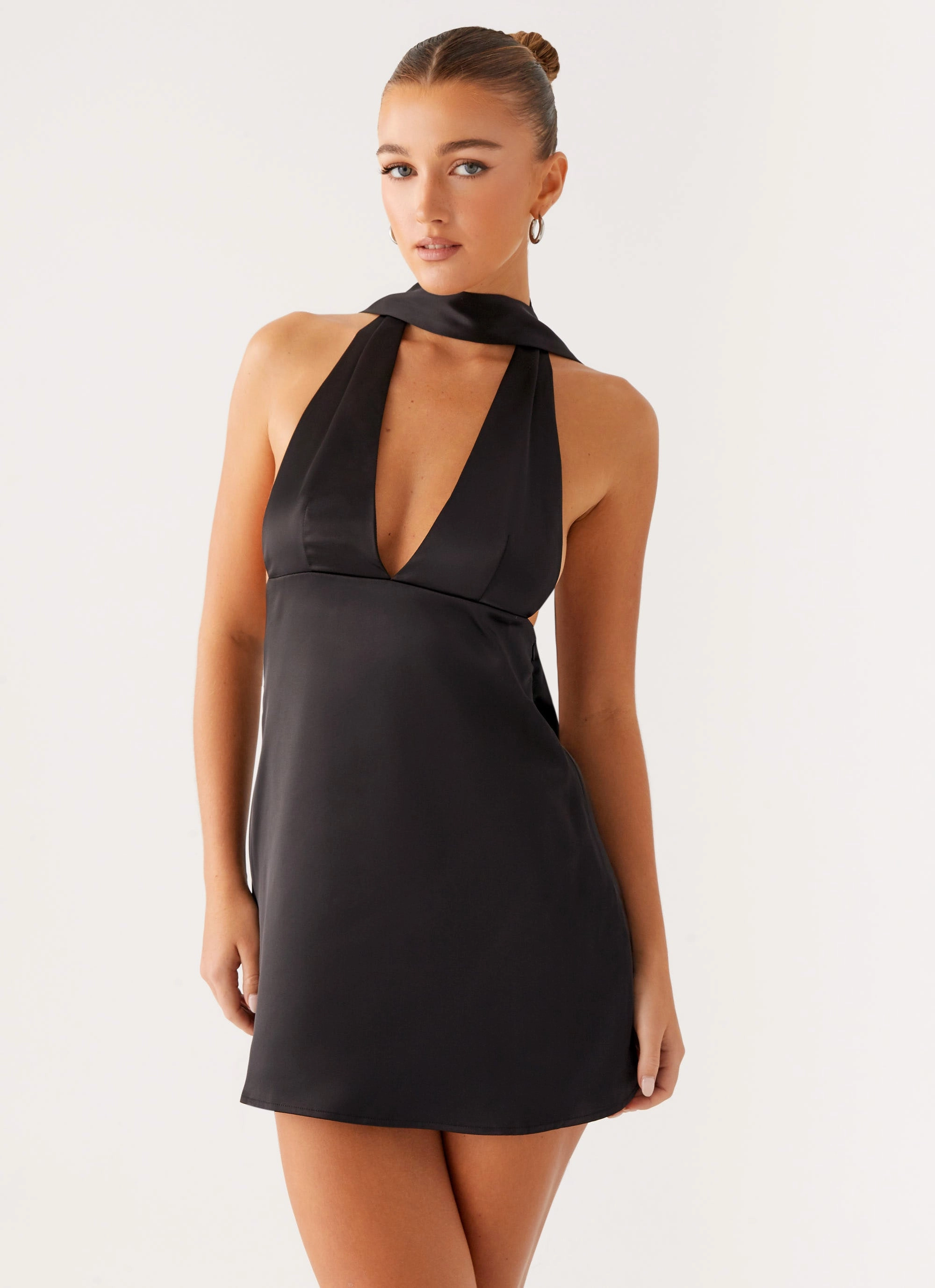 Alicia Satin Halter Mini Dress - Black Rainy Day Oversized Fit