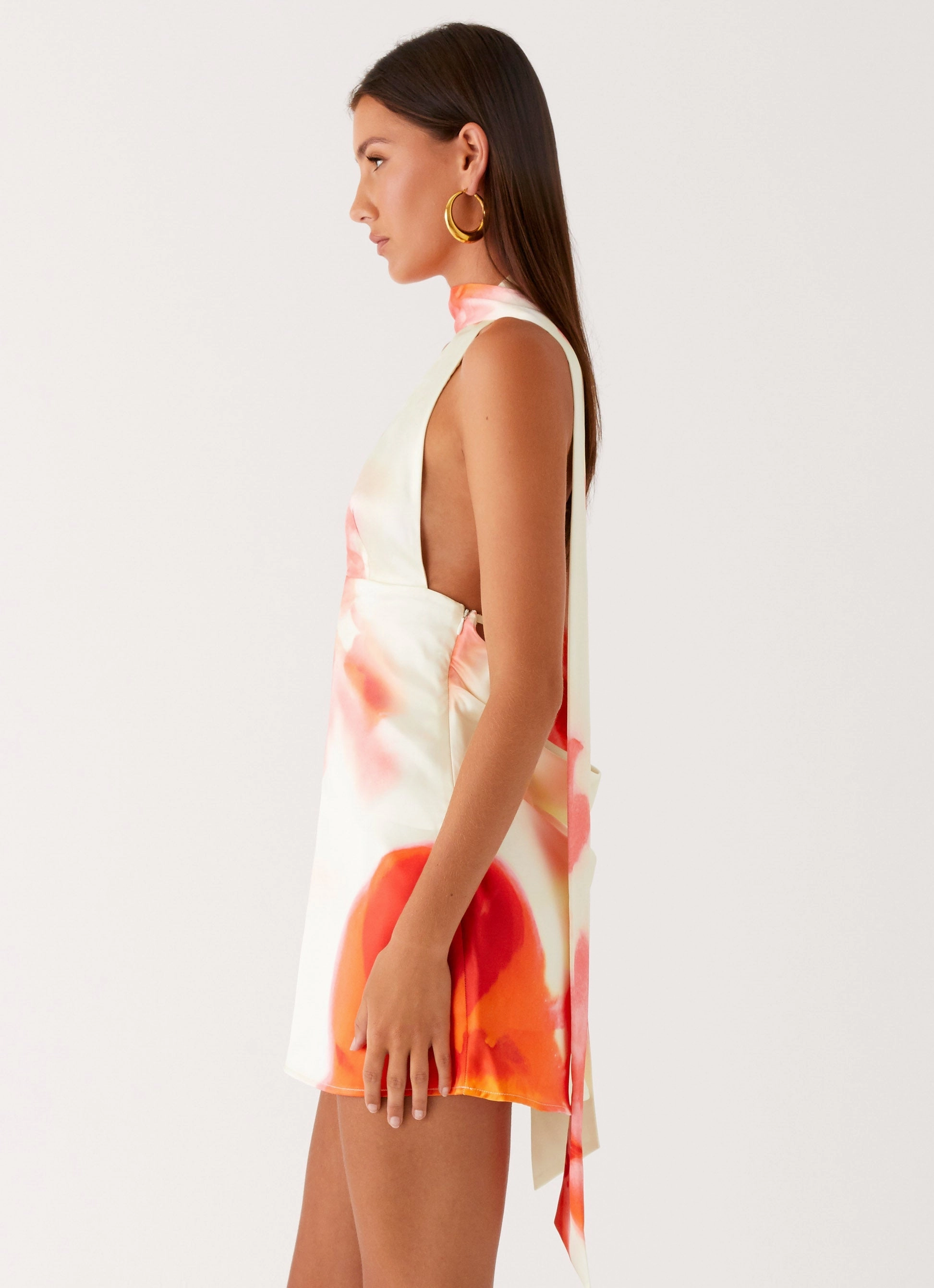 Alicia Satin Halter Mini Dress - Mimosa Blossom Stylish Wool Coat Stretch Comfort