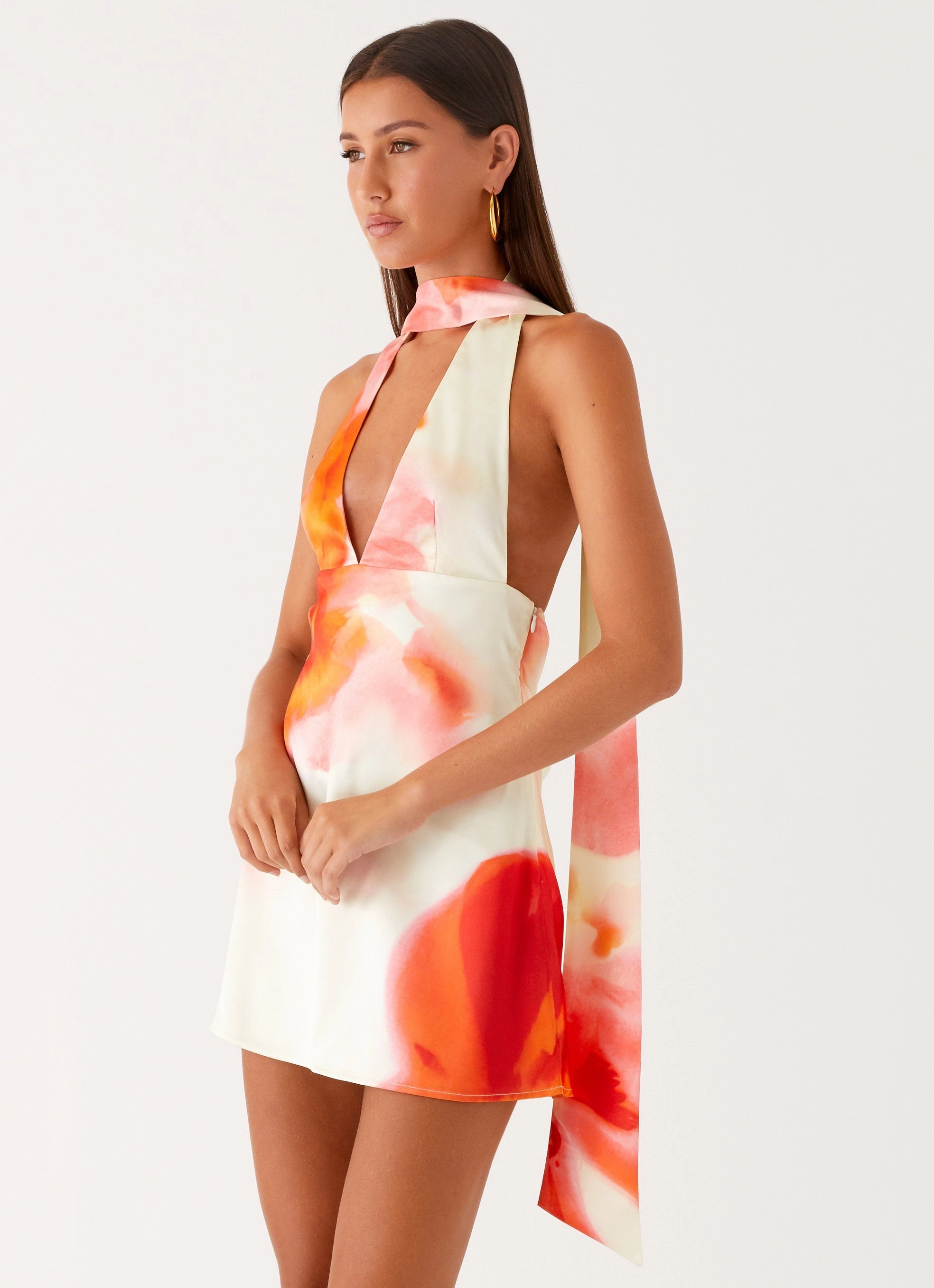 Alicia Satin Halter Mini Dress - Mimosa Blossom Chilly Weather Fashion
