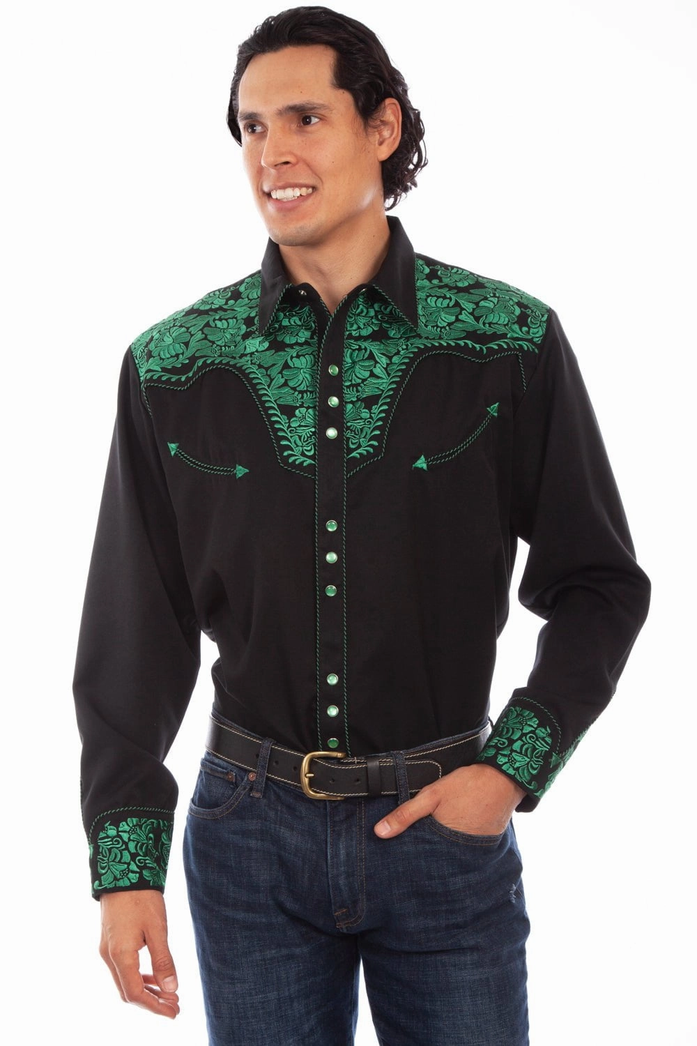 Trendsetting Style Scully Mens Emerald Poly/Rayon Floral Tooled L/S Shirt