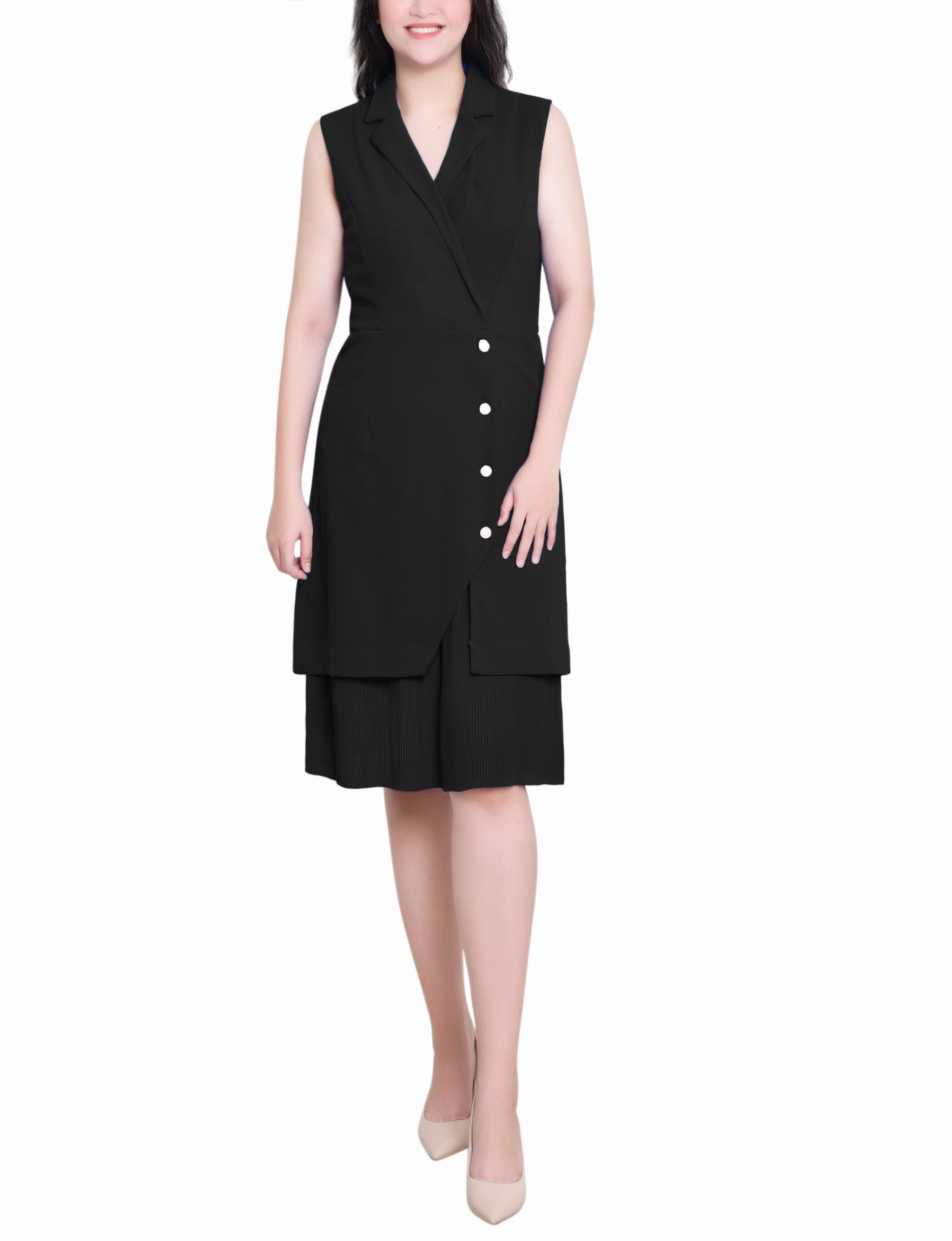 Luxury Trim Sleeveless Suit With Pleated Skirt