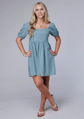 Roper Womens 2087 Baby Doll Light Blue 100% Cotton S/S Dress Perfect Cut