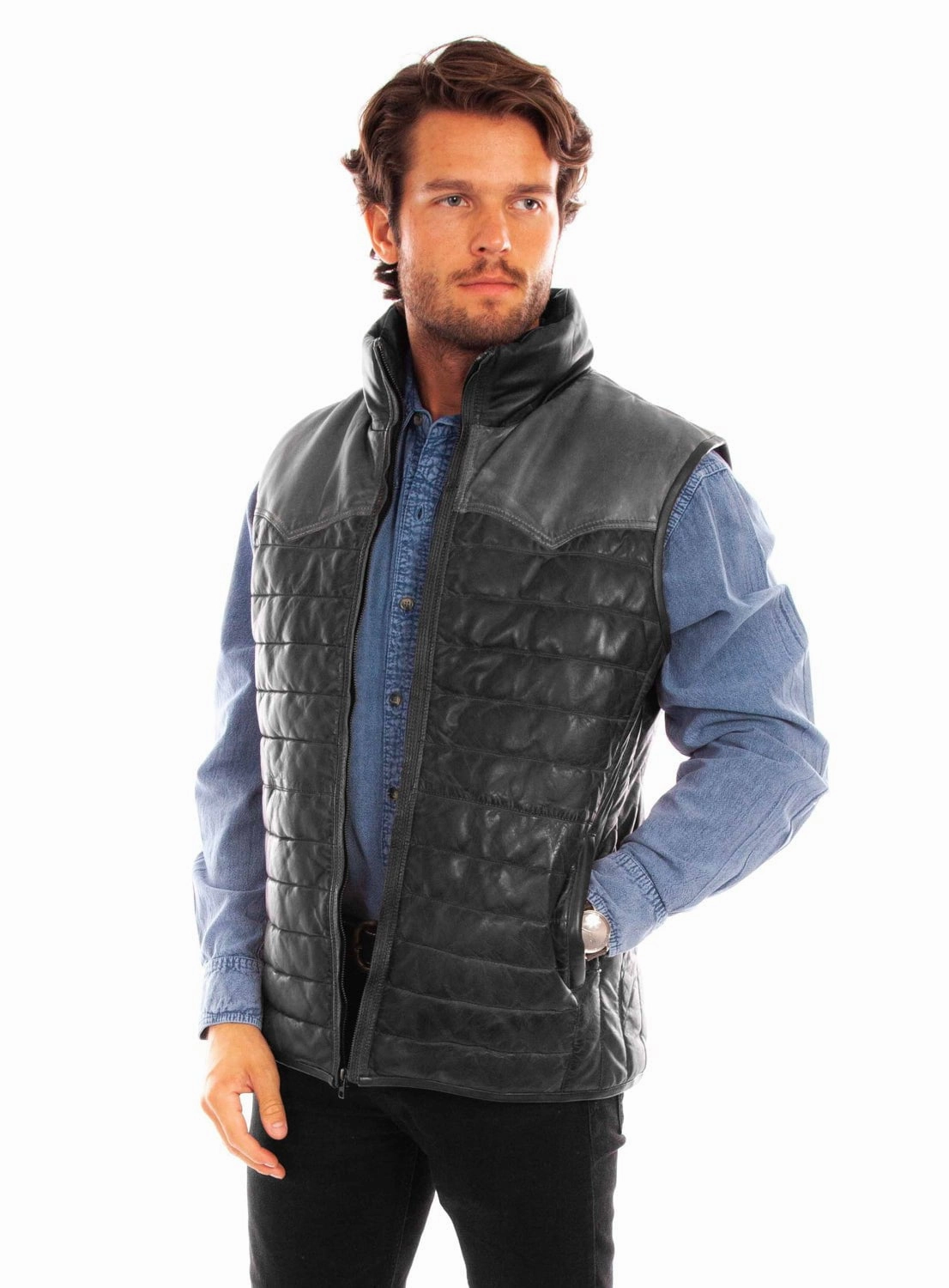 Urban Outdoor Look Nylon Cover Scully Mens Two Tone Yoke Black/Grey Leather Leather Vest