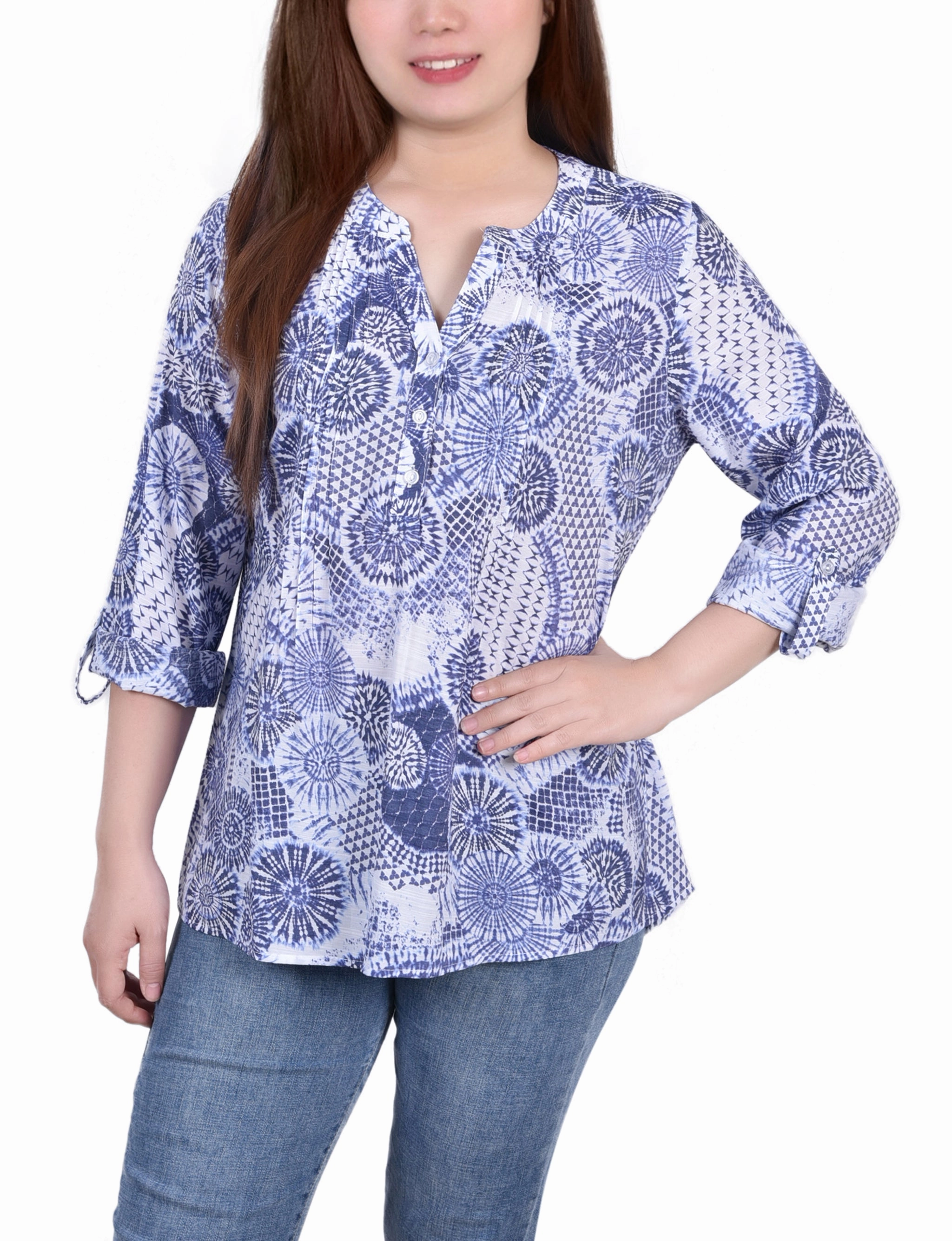 Petite 3/4 Roll Tab Sleeve Blouse Snag Proof Weave NonRestrictive