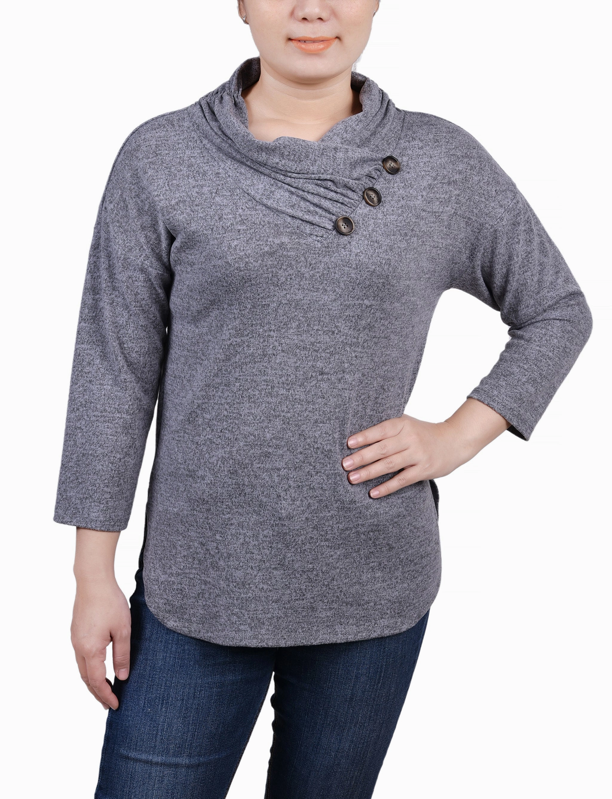 Contoured Side Panels Petite 3/4 Sleeve Crossover Cowl Neck Top