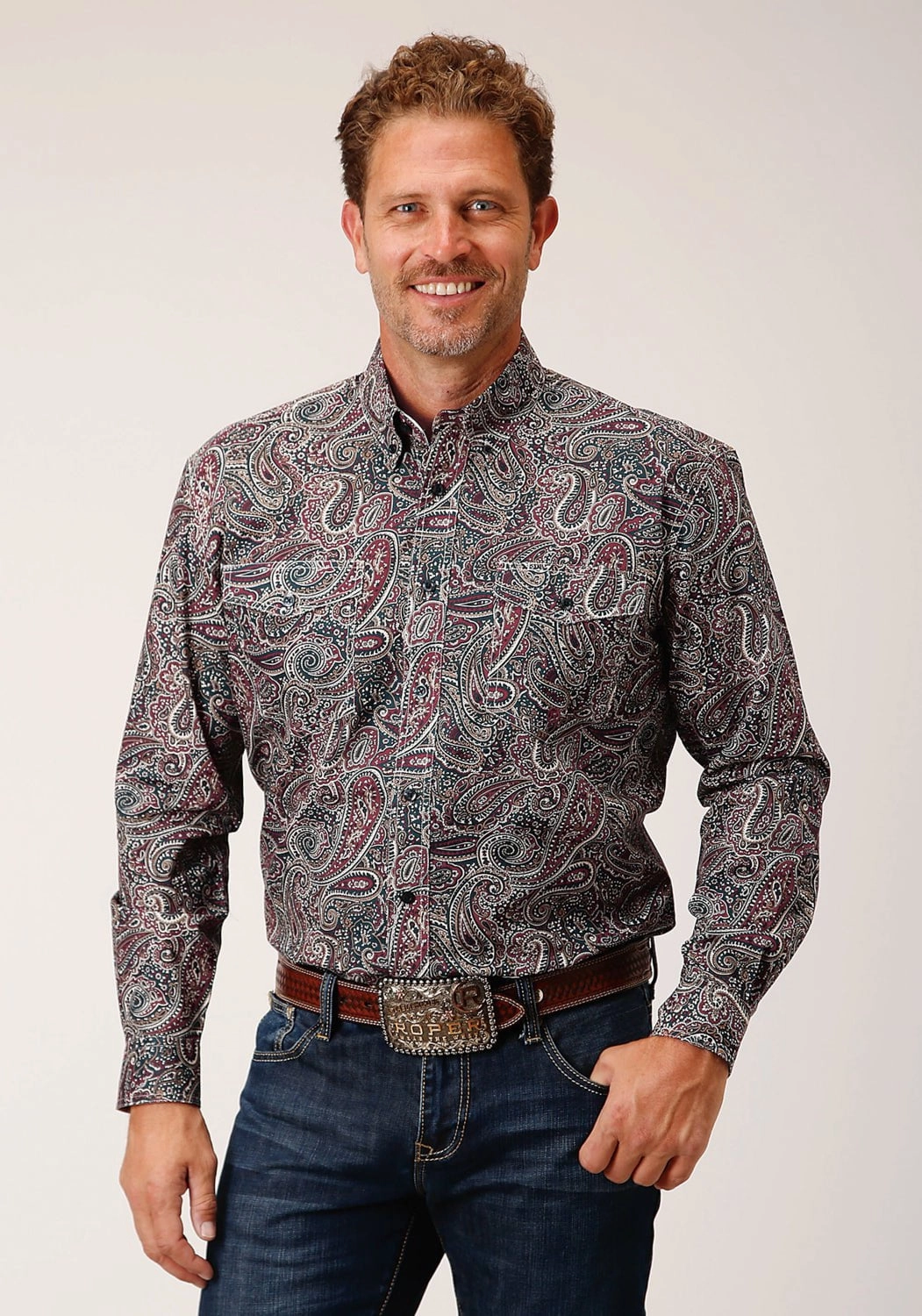 Roper Mens Old Time Paisley Multi-Color 100% Cotton L/S Shirt Thermal Regulation Fabric Layered Collar