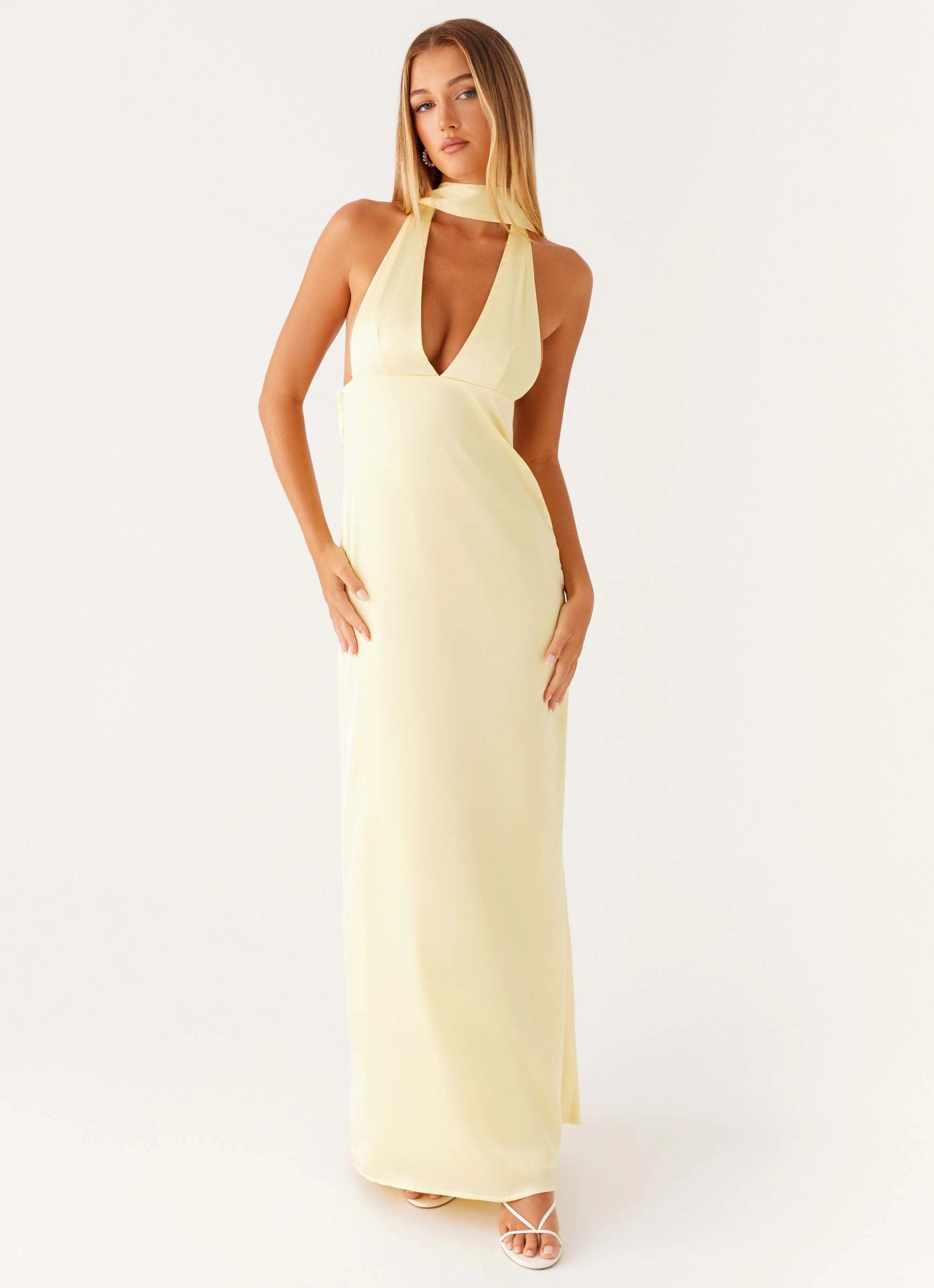 Chilly Weather Coat Alicia Satin Halter Maxi Dress - Yellow