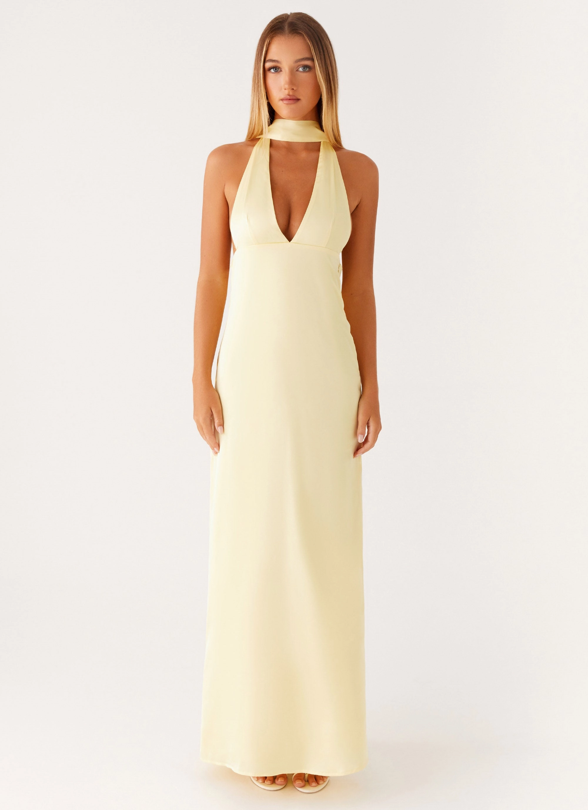 Trendy Coat Alicia Satin Halter Maxi Dress - Yellow