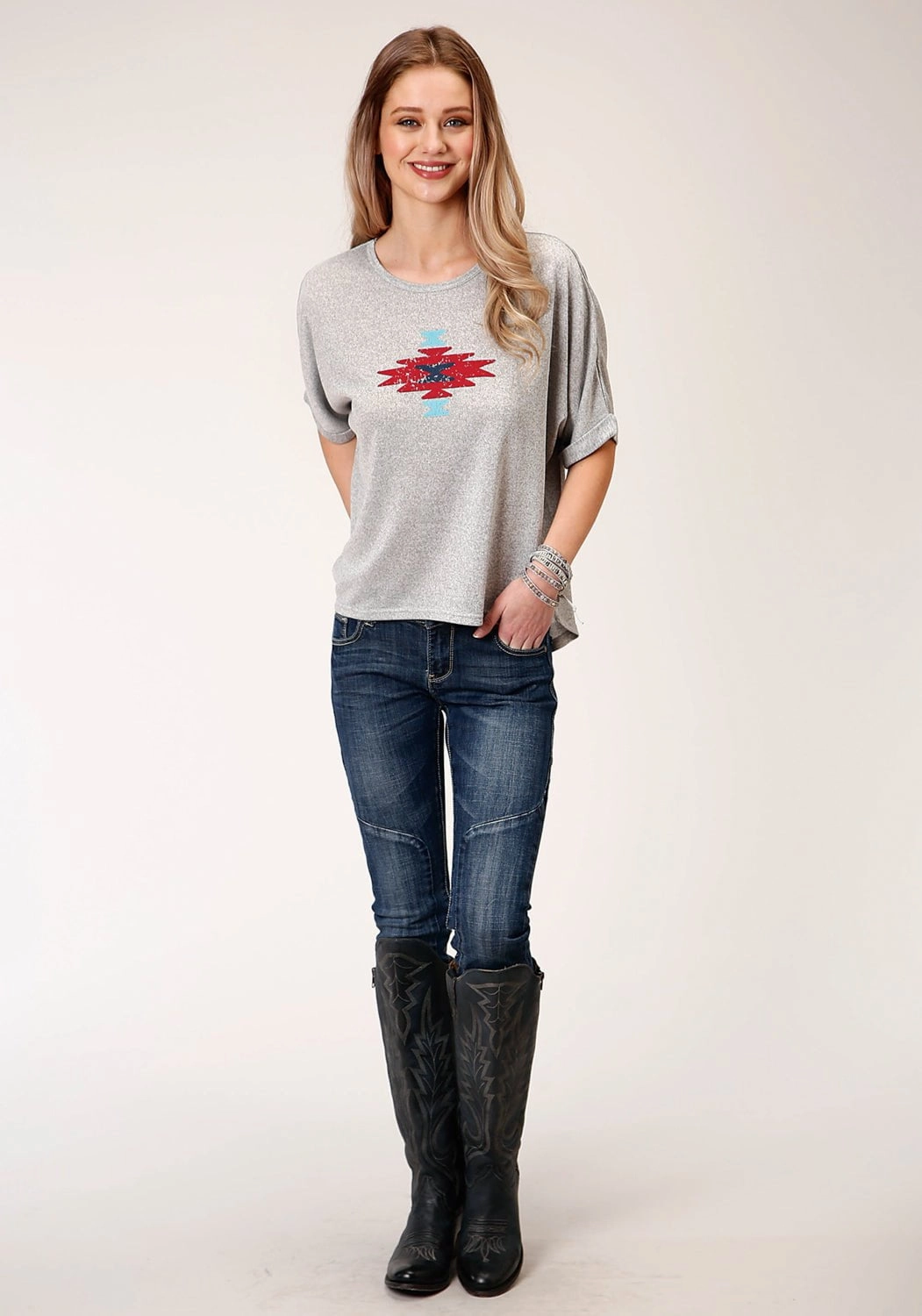 Roper Womens Heather Grey Polyester Dolman Aztec S/S T-Shirt Fashion Statement slim fit