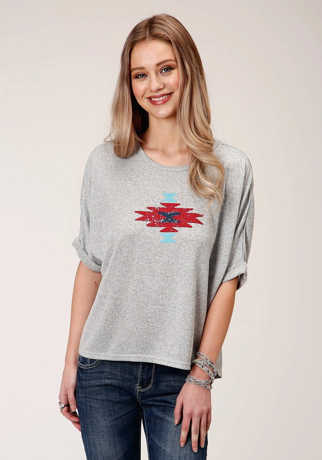 Abrasion resistant Elegant Finish Roper Womens Heather Grey Polyester Dolman Aztec S/S T-Shirt